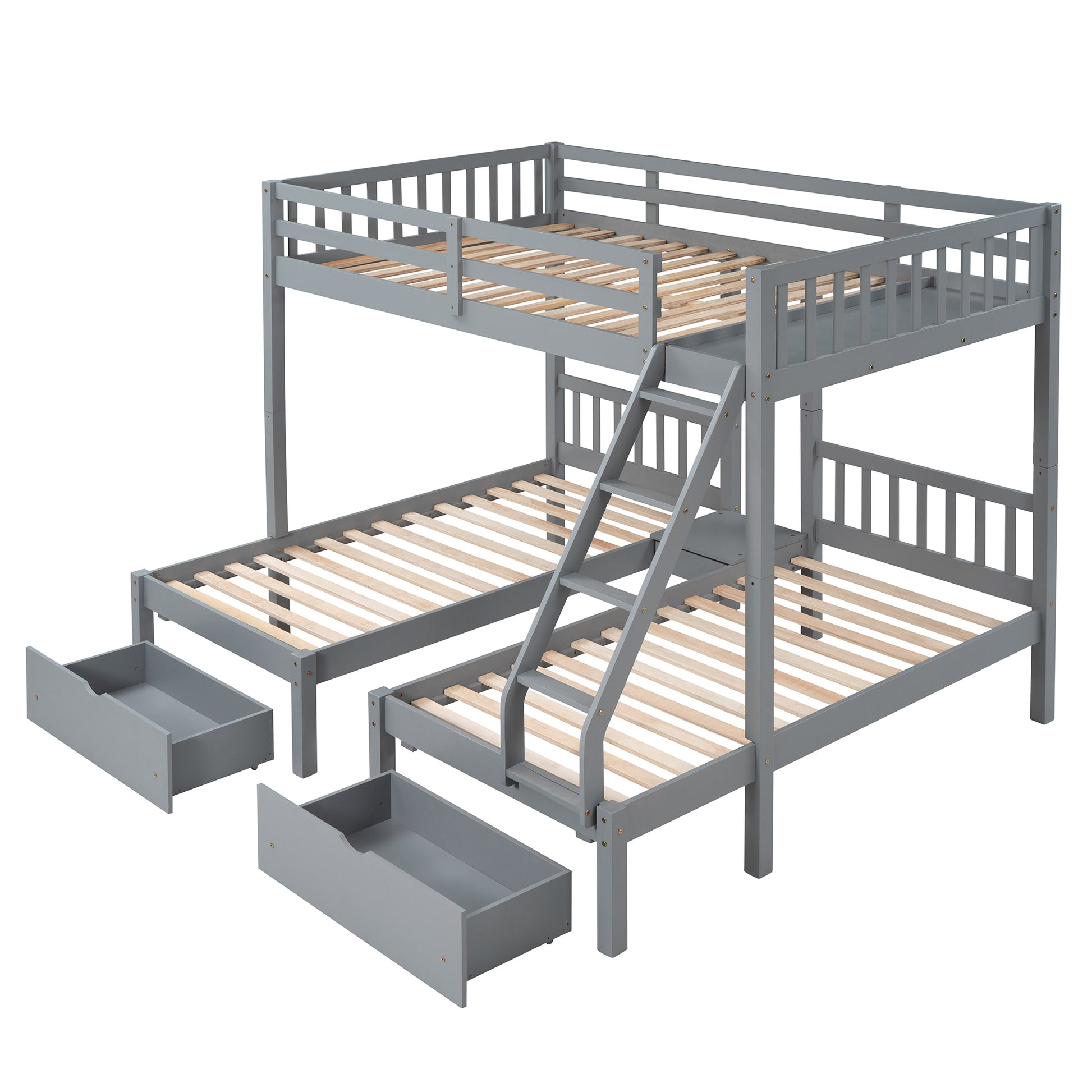 Full Over Twin & Twin Bunk Bed, Wood Triple Bunk Bed With Drawers And Guardrails, Gray Old Sku: Lp000143Aae Gray Solid Wood