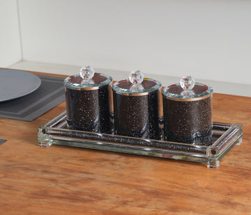 Ambrose Exquisite Tea, Sugar, Coffee Canisters With Tray In Crushed Diamond Glass In Gift Box Black Glass