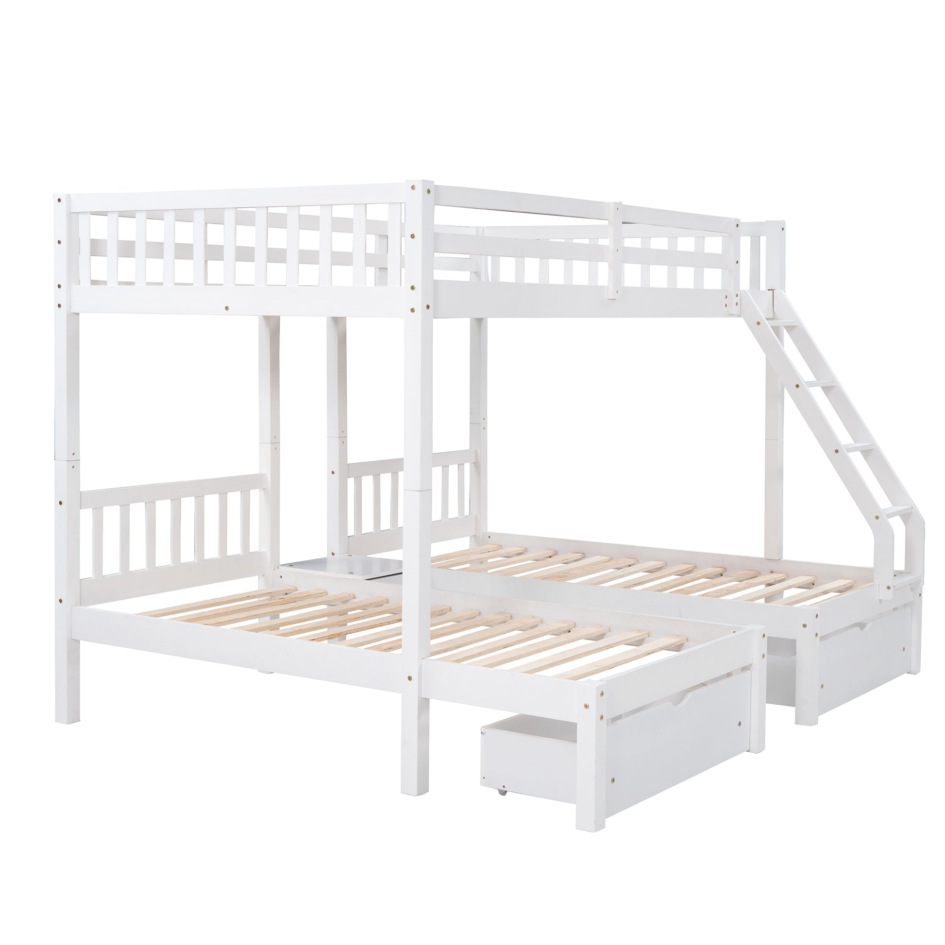 Full Over Twin & Twin Bunk Bed, Wood Triple Bunk Bed With Drawers And Guardrails, White Old Sku: Lp000143Aak White Solid Wood