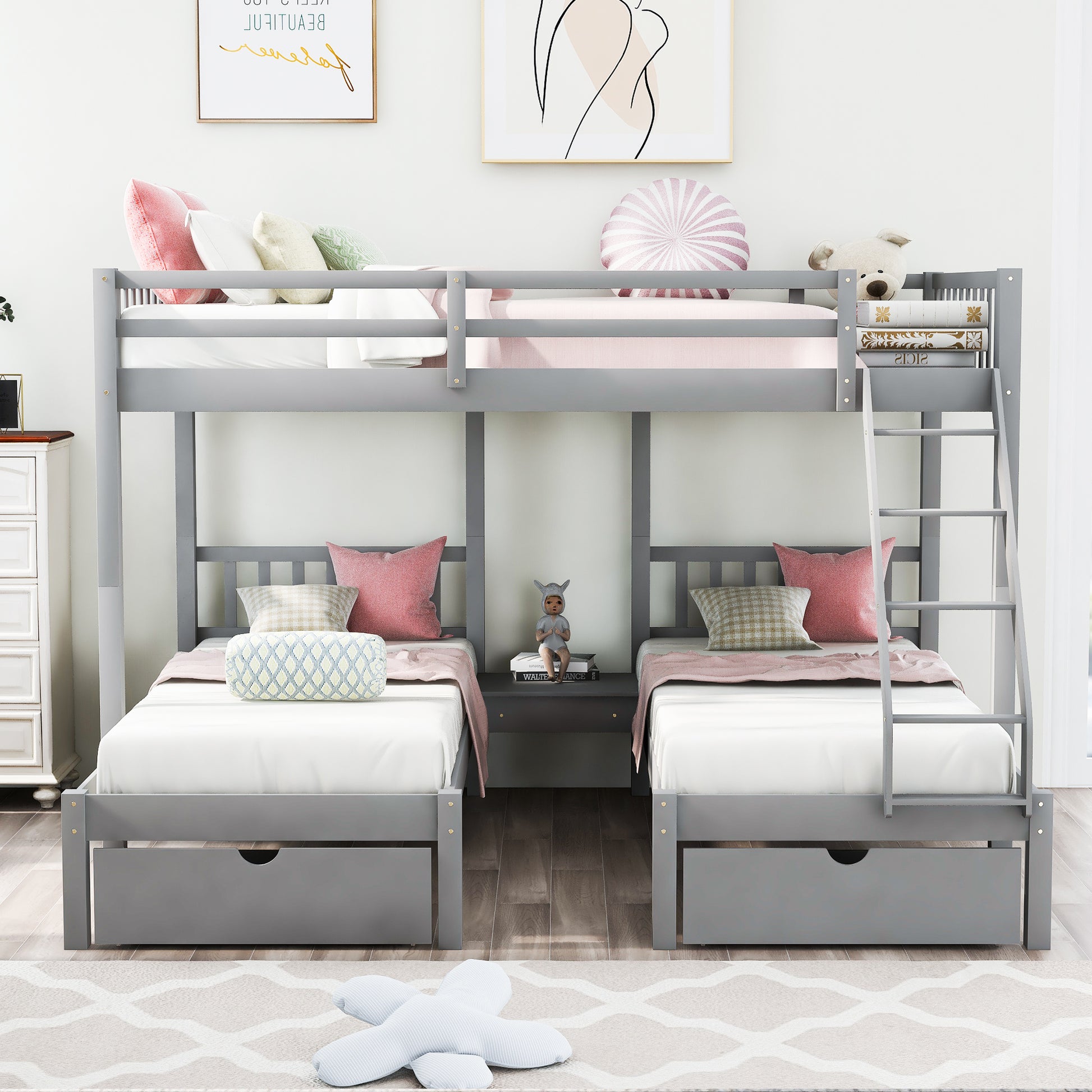 Full Over Twin & Twin Bunk Bed, Wood Triple Bunk Bed With Drawers And Guardrails, Gray Old Sku: Lp000143Aae Gray Solid Wood