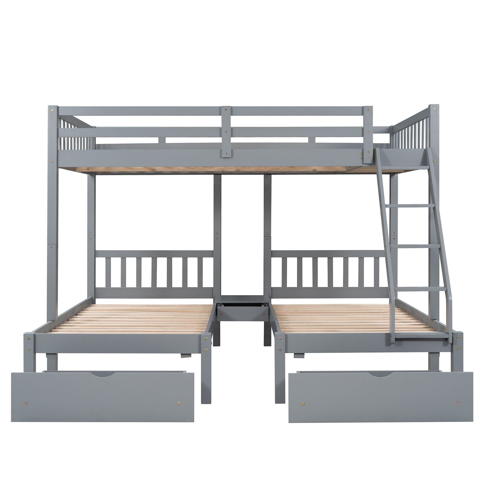 Full Over Twin & Twin Bunk Bed, Wood Triple Bunk Bed With Drawers And Guardrails, Gray Old Sku: Lp000143Aae Gray Solid Wood