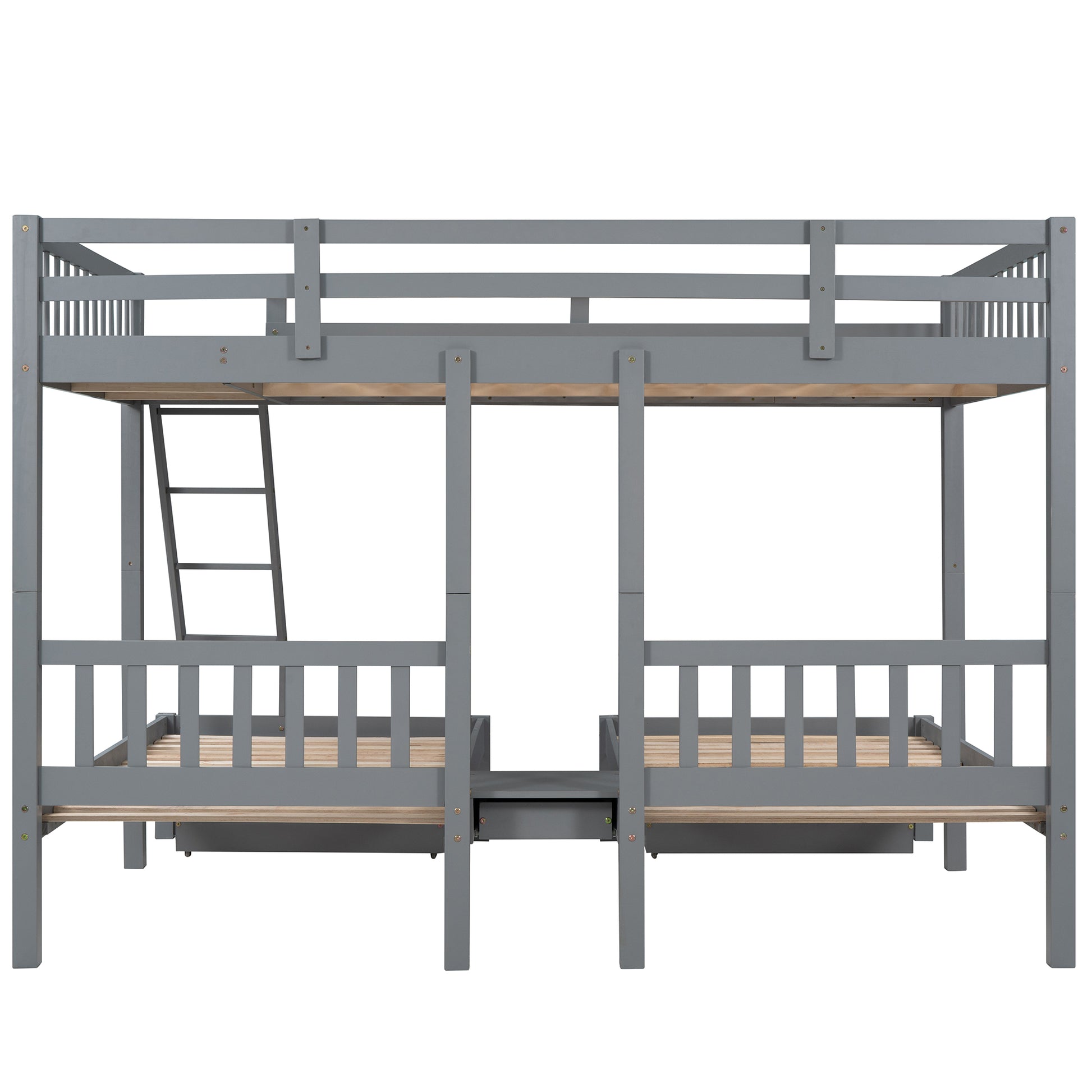 Full Over Twin & Twin Bunk Bed, Wood Triple Bunk Bed With Drawers And Guardrails, Gray Old Sku: Lp000143Aae Gray Solid Wood