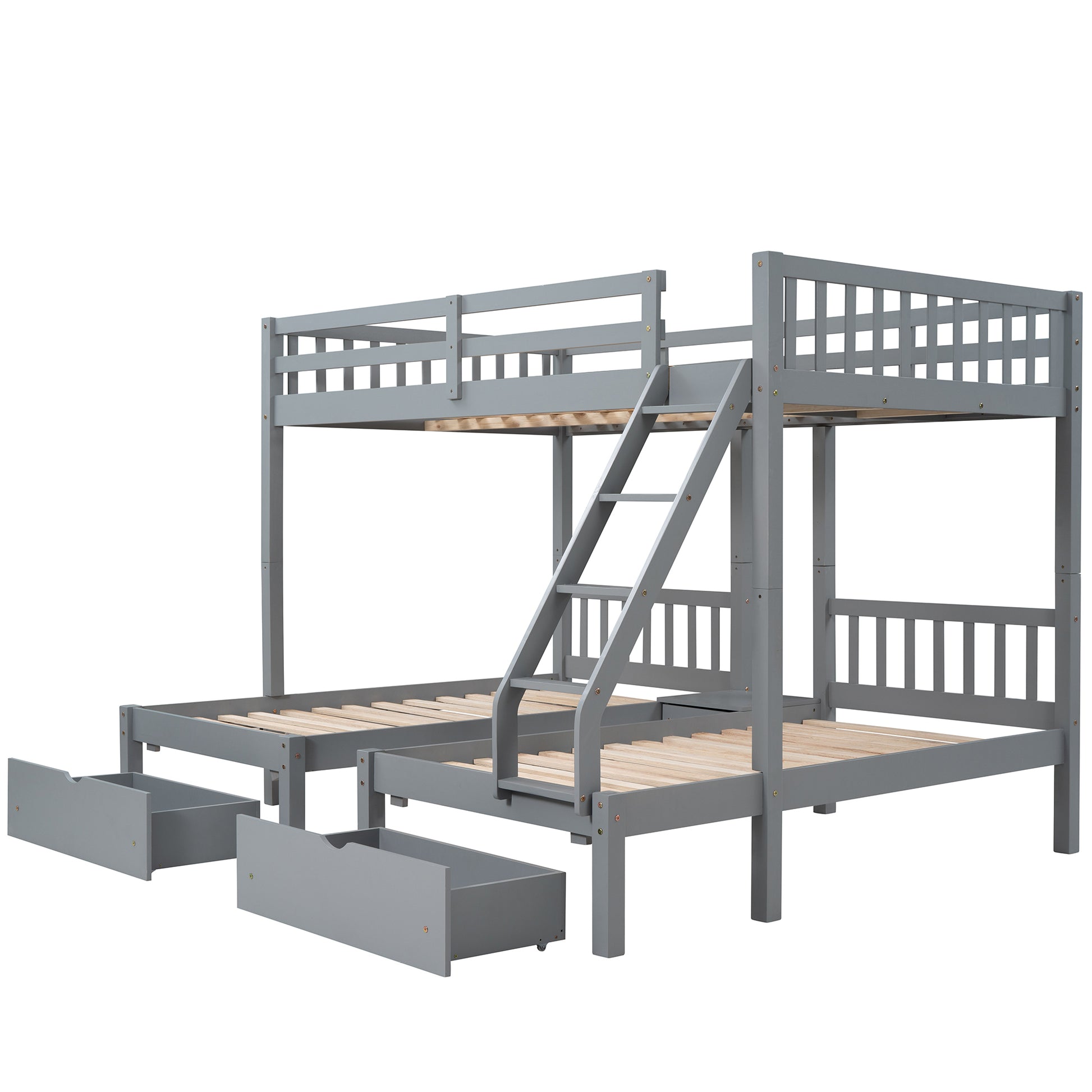 Full Over Twin & Twin Bunk Bed, Wood Triple Bunk Bed With Drawers And Guardrails, Gray Old Sku: Lp000143Aae Gray Solid Wood