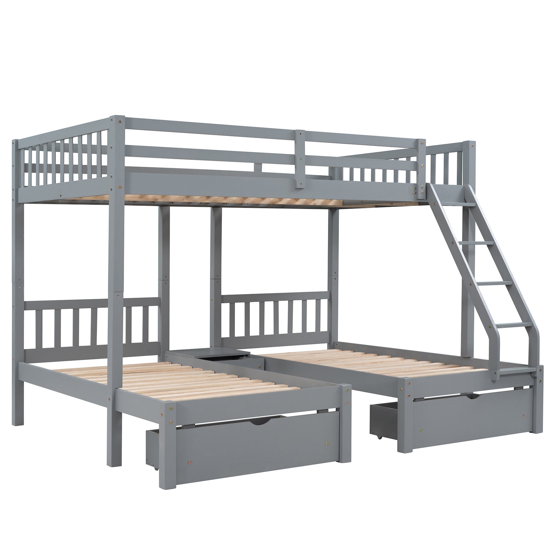 Full Over Twin & Twin Bunk Bed, Wood Triple Bunk Bed With Drawers And Guardrails, Gray Old Sku: Lp000143Aae Gray Solid Wood