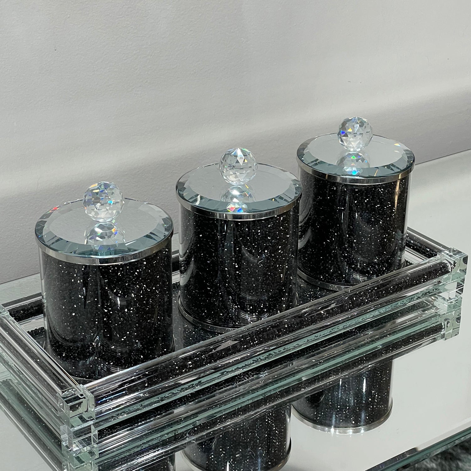 Ambrose Exquisite Tea, Sugar, Coffee Canisters With Tray In Crushed Diamond Glass In Gift Box Black Glass