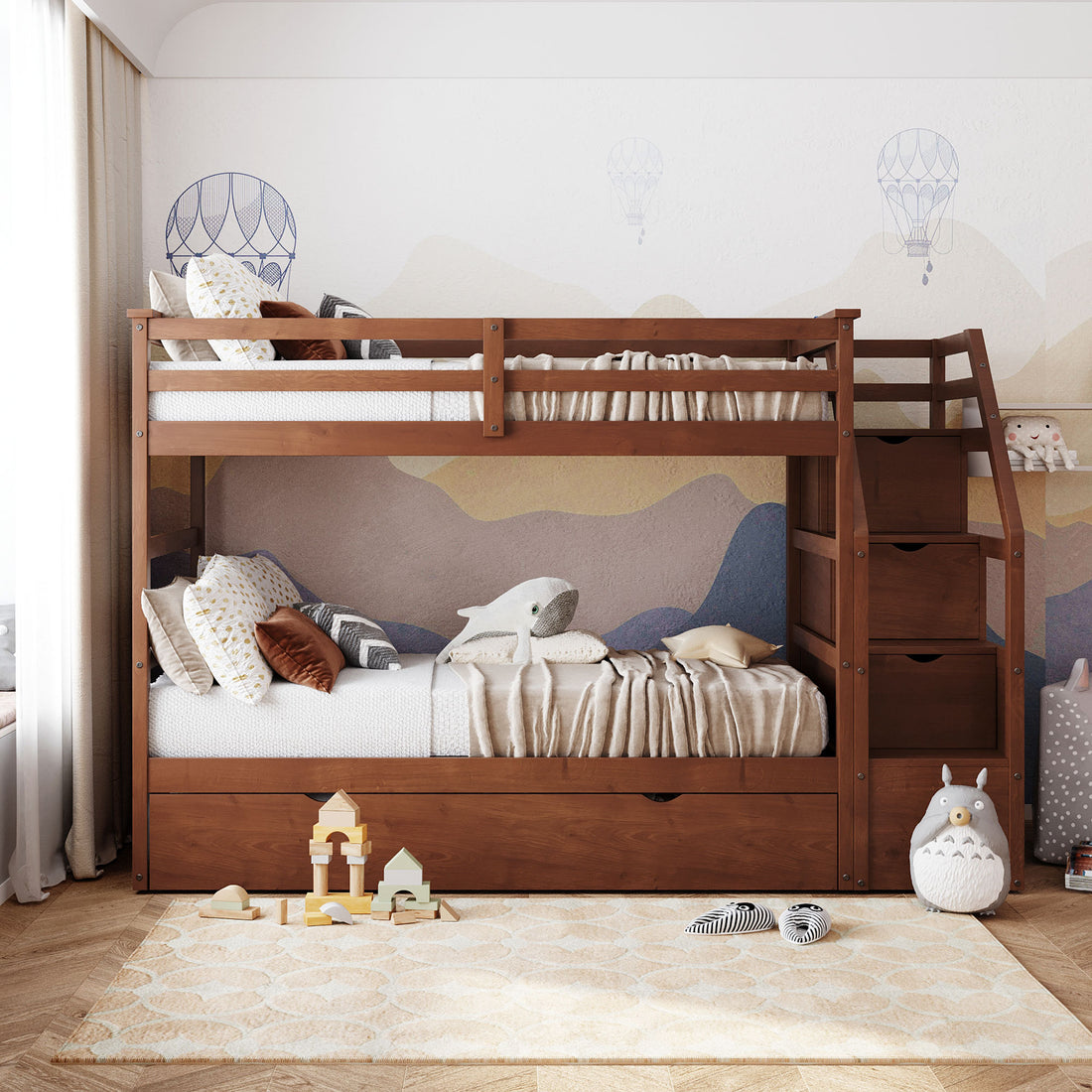 Twin Over Twin Bunk Bed With Twin Size Trundle And 3 Storage Stairs,Walnut Old Sku :Lp000064Aad Walnut Solid Wood