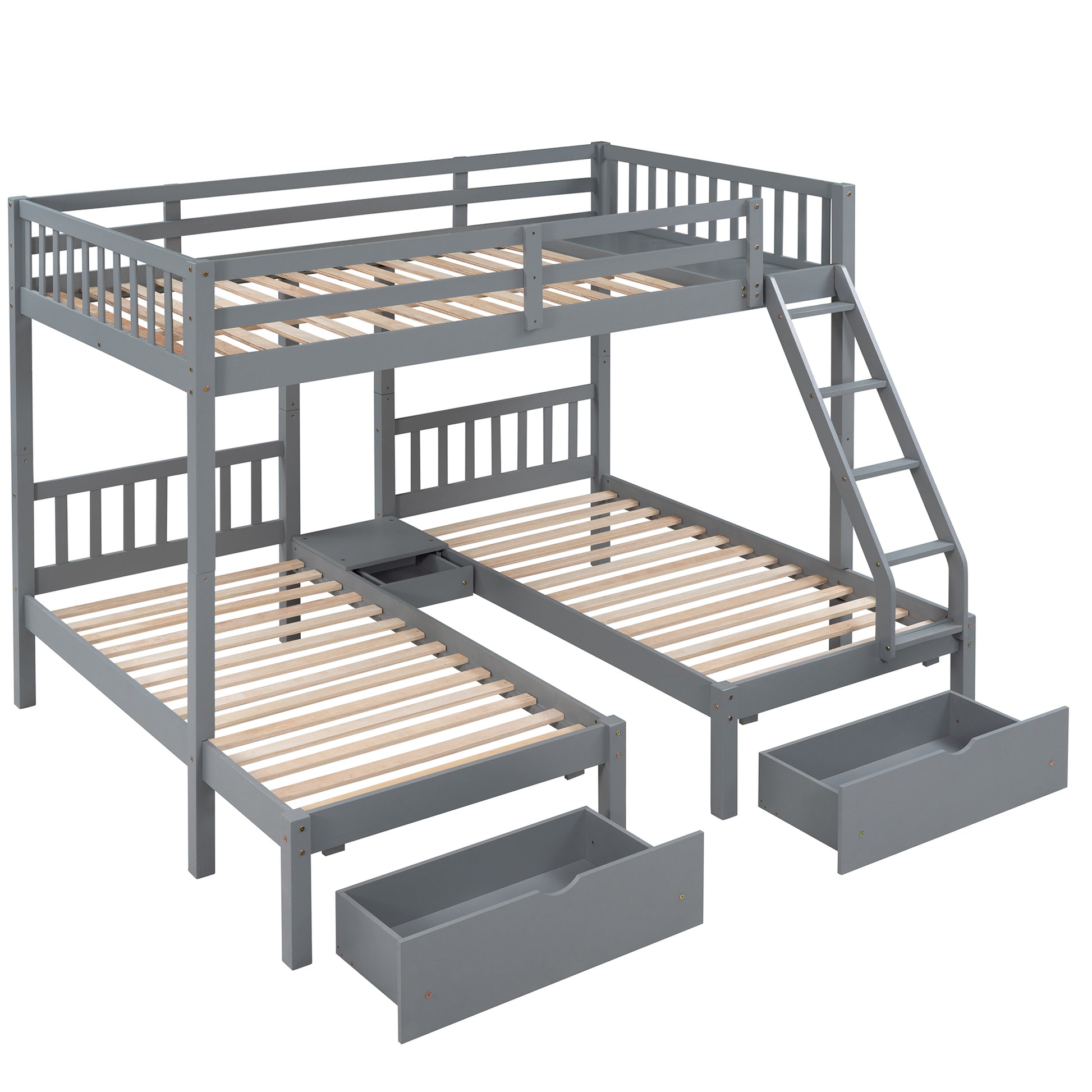 Full Over Twin & Twin Bunk Bed, Wood Triple Bunk Bed With Drawers And Guardrails, Gray Old Sku: Lp000143Aae Gray Solid Wood