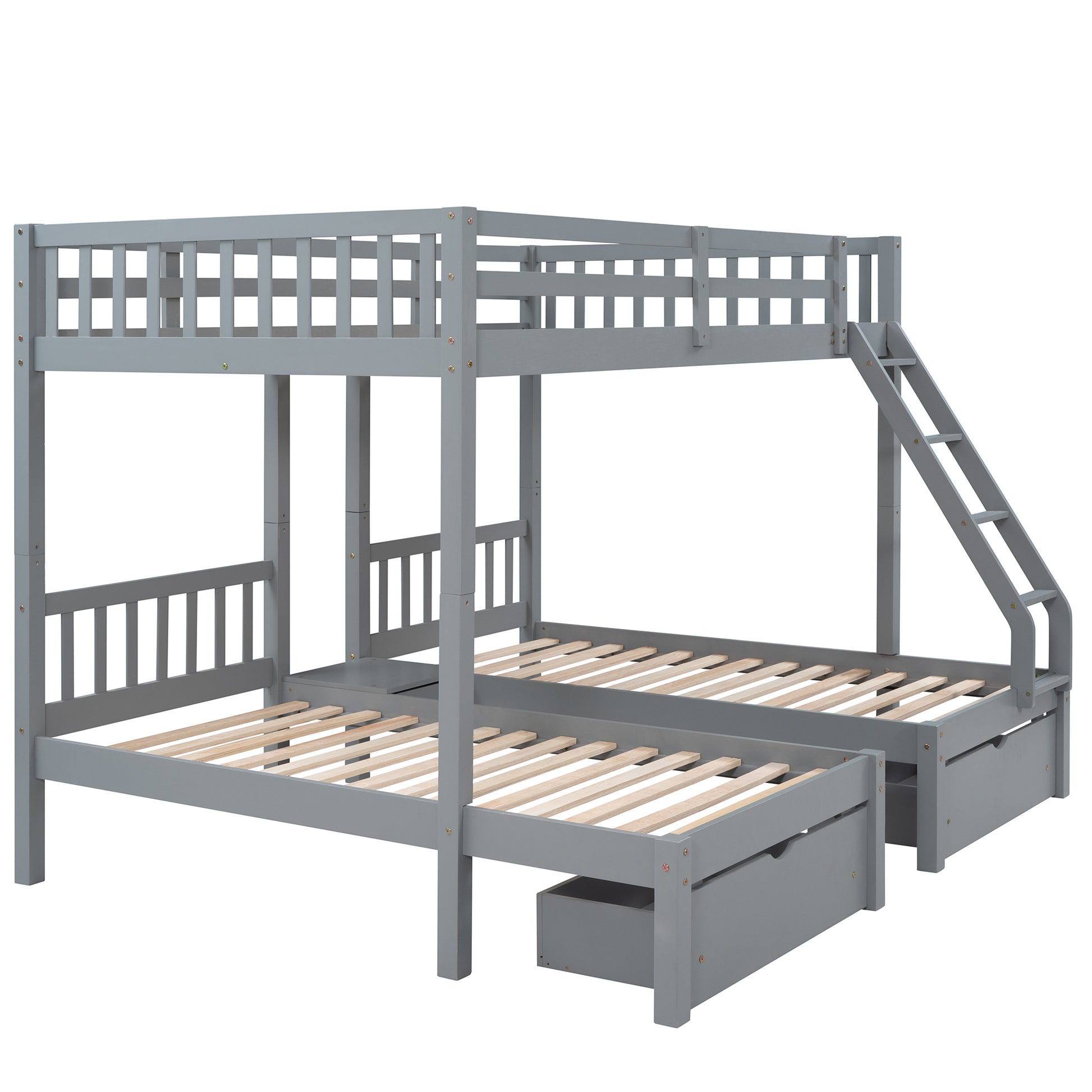 Full Over Twin & Twin Bunk Bed, Wood Triple Bunk Bed With Drawers And Guardrails, Gray Old Sku: Lp000143Aae Gray Solid Wood