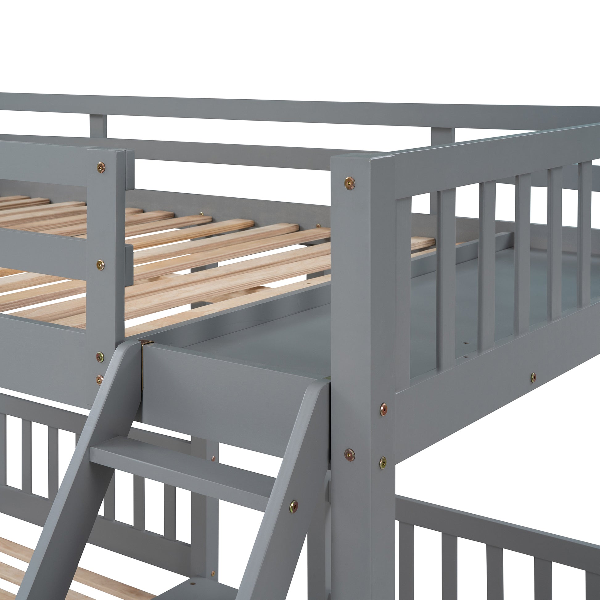 Full Over Twin & Twin Bunk Bed, Wood Triple Bunk Bed With Drawers And Guardrails, Gray Old Sku: Lp000143Aae Gray Solid Wood