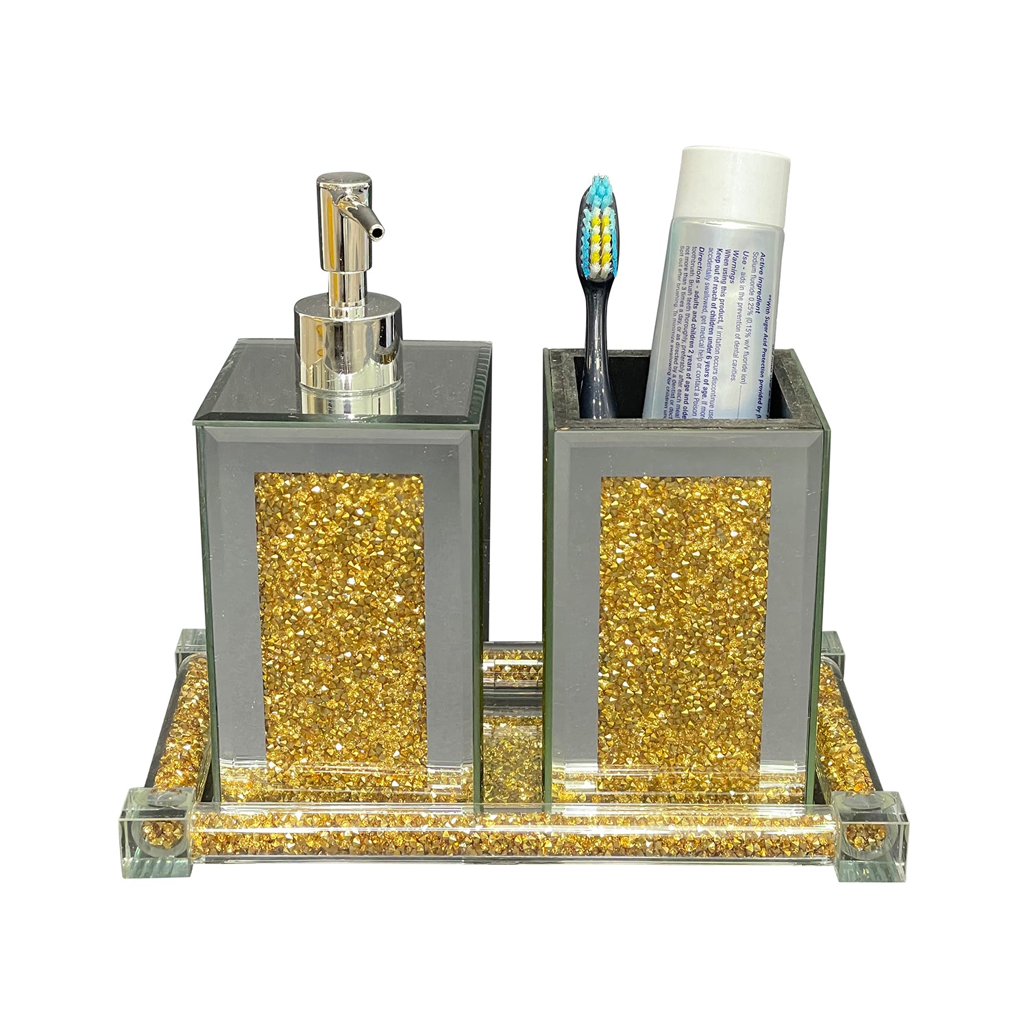 Ambrose Exquisite 3 Piece Square Soap Dispenser And Toothbrush Holder With Tray Gold Glass