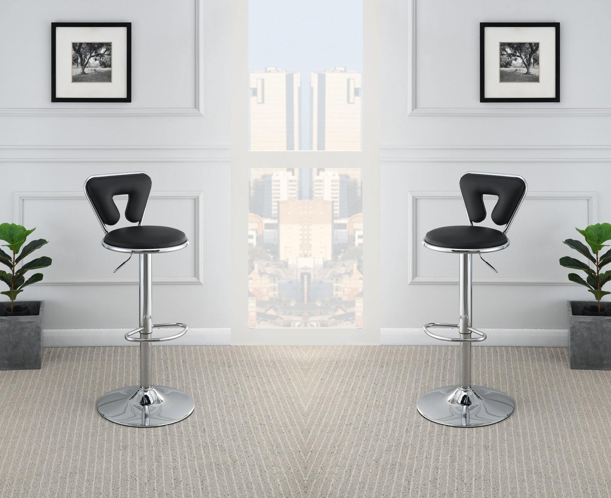 Adjustable Bar Stool Gas Lift Chair Black Faux Leather Chrome Base Metal Frame Modern Stylish Set Of 2 Chairs Black Dining Room Classic,Contemporary,Modern Bar Stools Metal