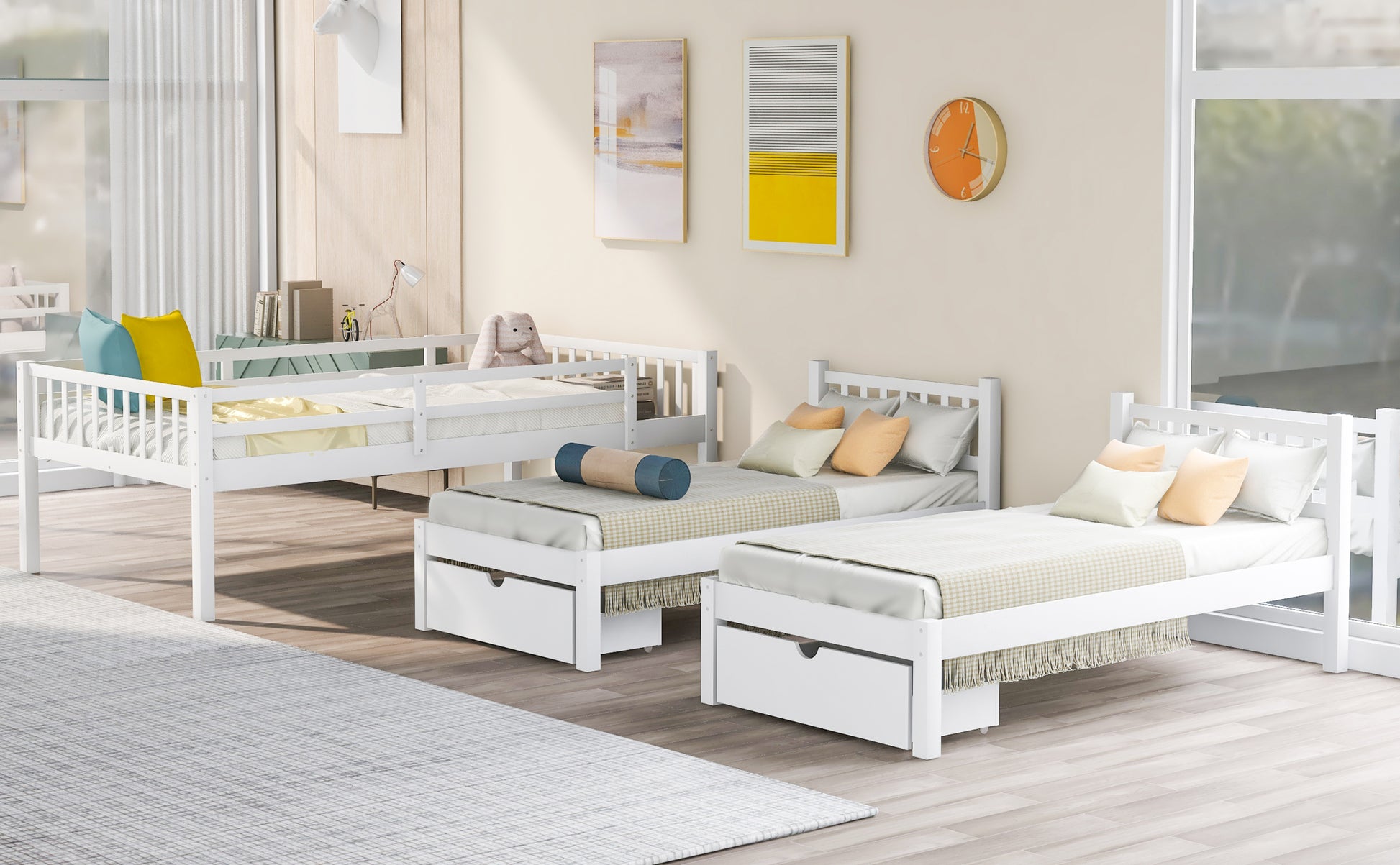 Full Over Twin & Twin Bunk Bed, Wood Triple Bunk Bed With Drawers And Guardrails, White Old Sku: Lp000143Aak White Solid Wood