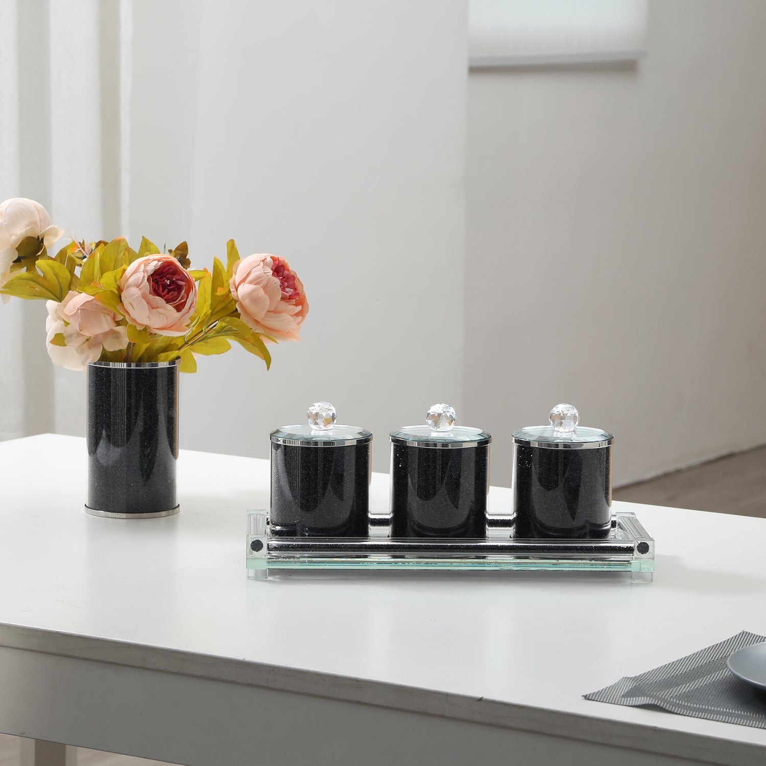 Ambrose Exquisite Tea, Sugar, Coffee Canisters With Tray In Crushed Diamond Glass In Gift Box Black Glass