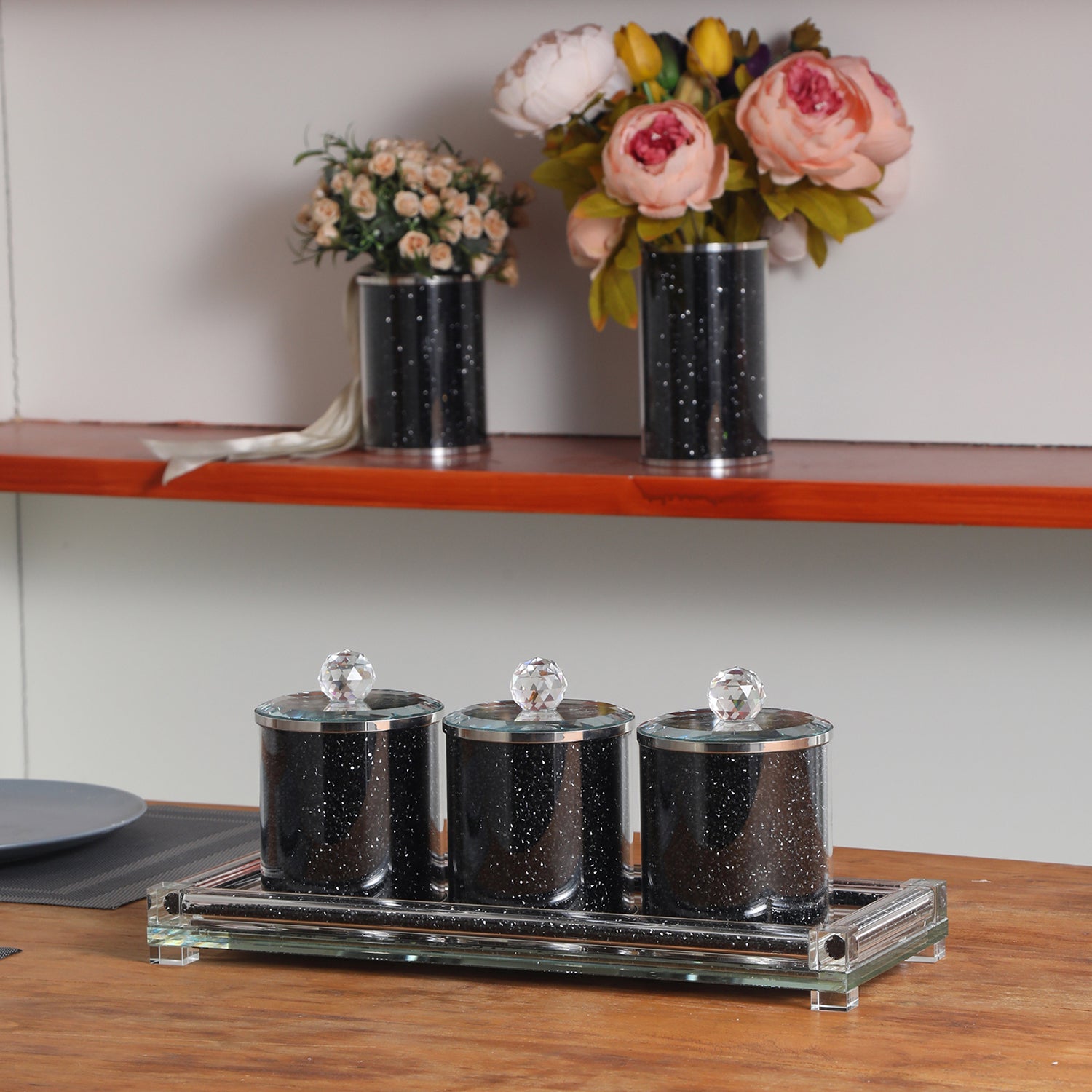 Ambrose Exquisite Tea, Sugar, Coffee Canisters With Tray In Crushed Diamond Glass In Gift Box Black Glass