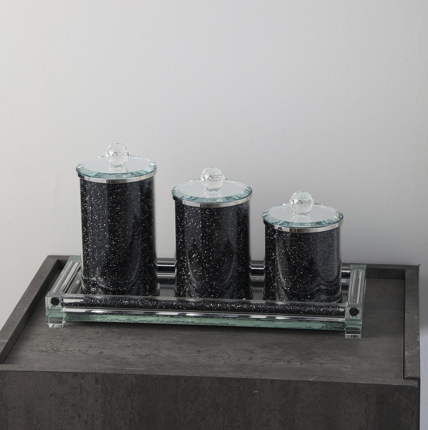 Ambrose Exquisite Three Glass Canister With Tray In Gift Box Black Glass