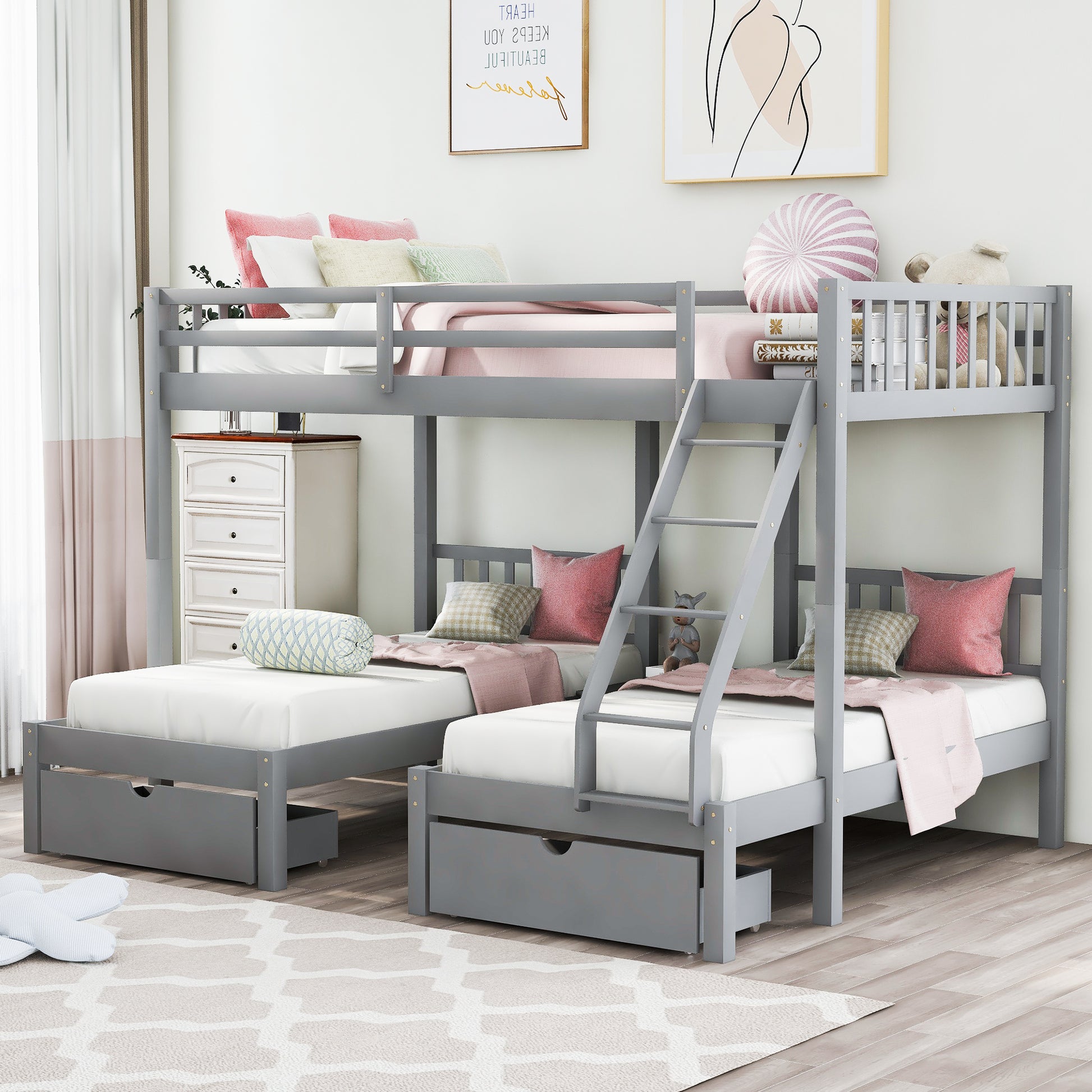 Full Over Twin & Twin Bunk Bed, Wood Triple Bunk Bed With Drawers And Guardrails, Gray Old Sku: Lp000143Aae Gray Solid Wood