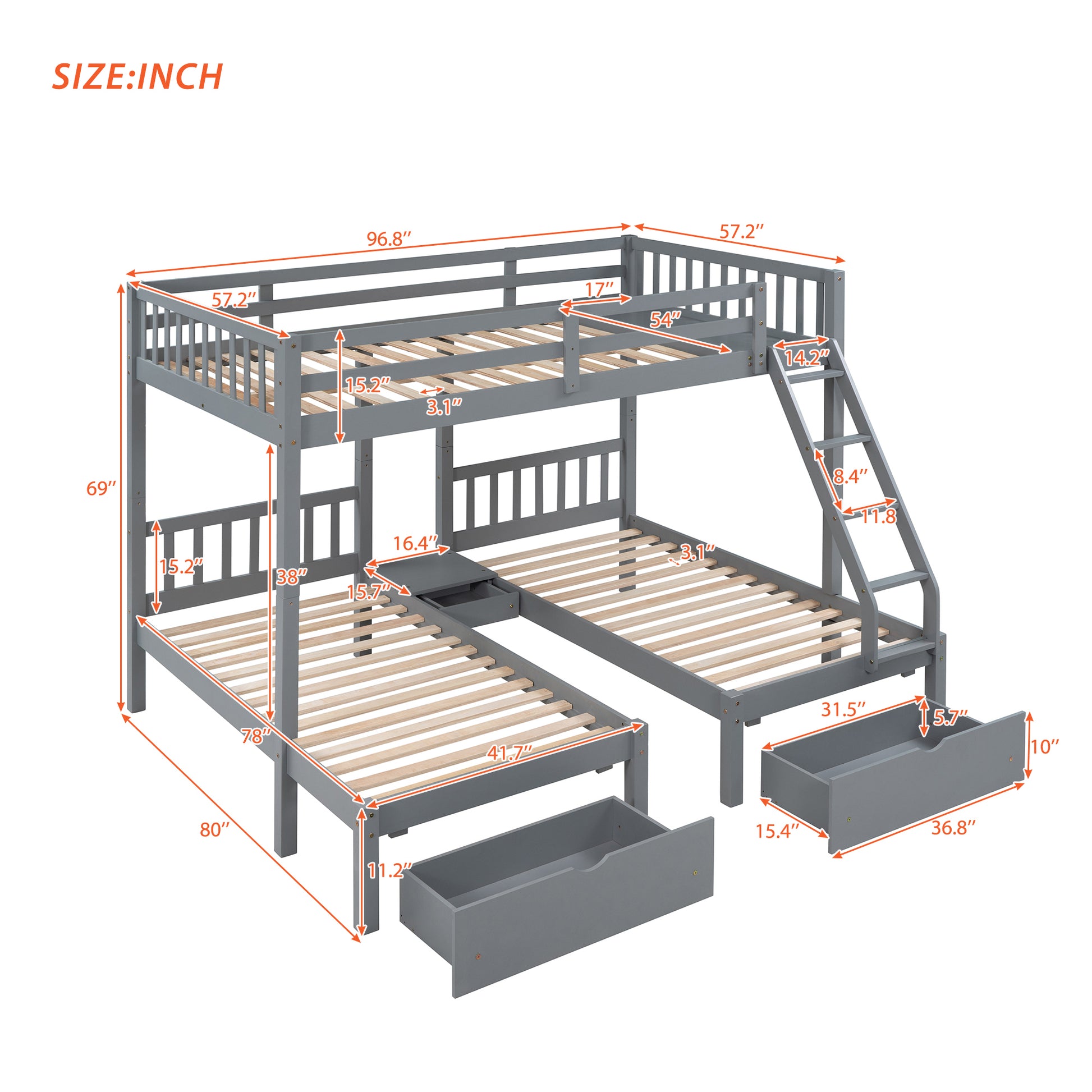 Full Over Twin & Twin Bunk Bed, Wood Triple Bunk Bed With Drawers And Guardrails, Gray Old Sku: Lp000143Aae Gray Solid Wood