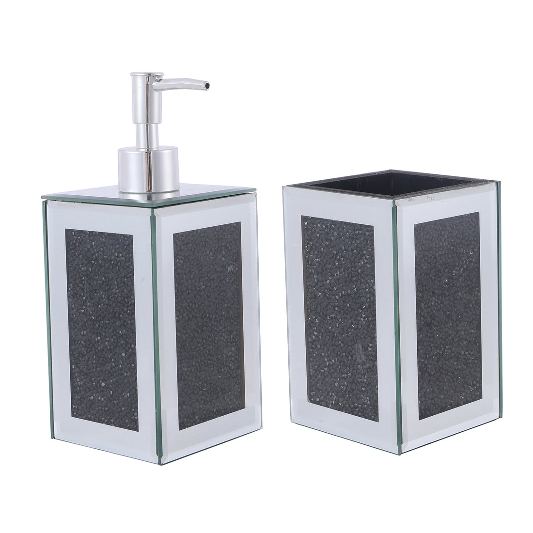 Ambrose Exquisite 2 Piece Square Soap Dispenser And Toothbrush Holder Black Glass