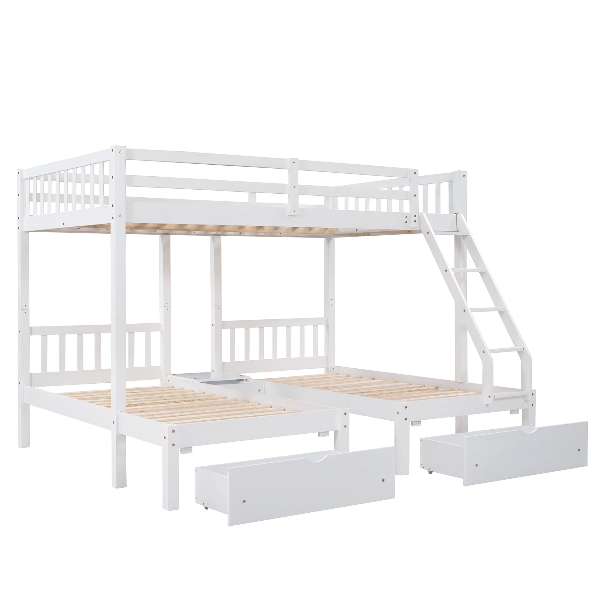 Full Over Twin & Twin Bunk Bed, Wood Triple Bunk Bed With Drawers And Guardrails, White Old Sku: Lp000143Aak White Solid Wood