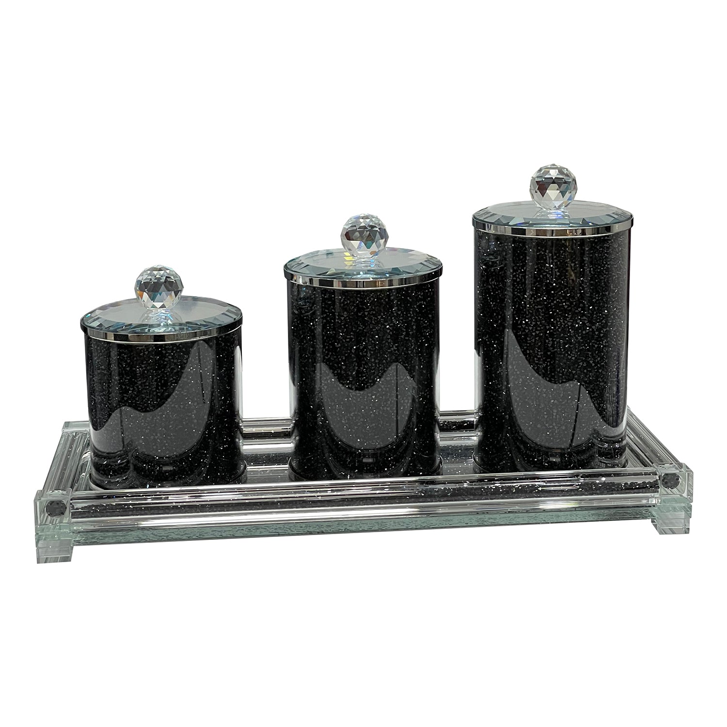 Ambrose Exquisite Three Glass Canister With Tray In Gift Box Black Glass