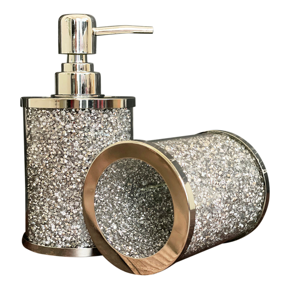 Ambrose Exquisite 2 Piece Soap Dispenser And Toothbrush Holder In Gift Box Silver Glass