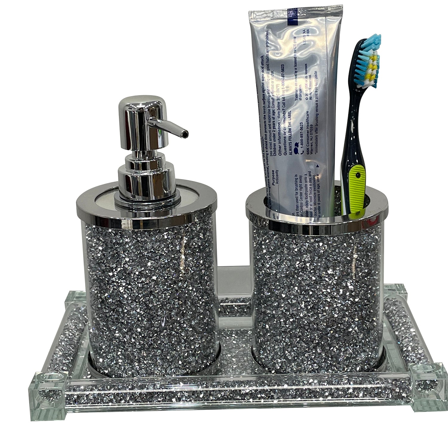 Ambrose Exquisite 3 Piece Soap Dispenser And Toothbrush Holder With Tray Silver Glass