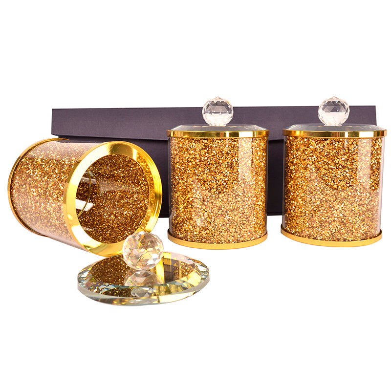 Ambrose Exquisite Tea, Sugar, Coffee Canisters With Tray In Crushed Diamond Glass In Gift Box Gold Glass