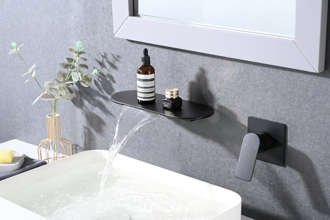 Single Handle Wall Mounted Bathroom Waterfall Sink Faucet Matte Black Stainless Steel