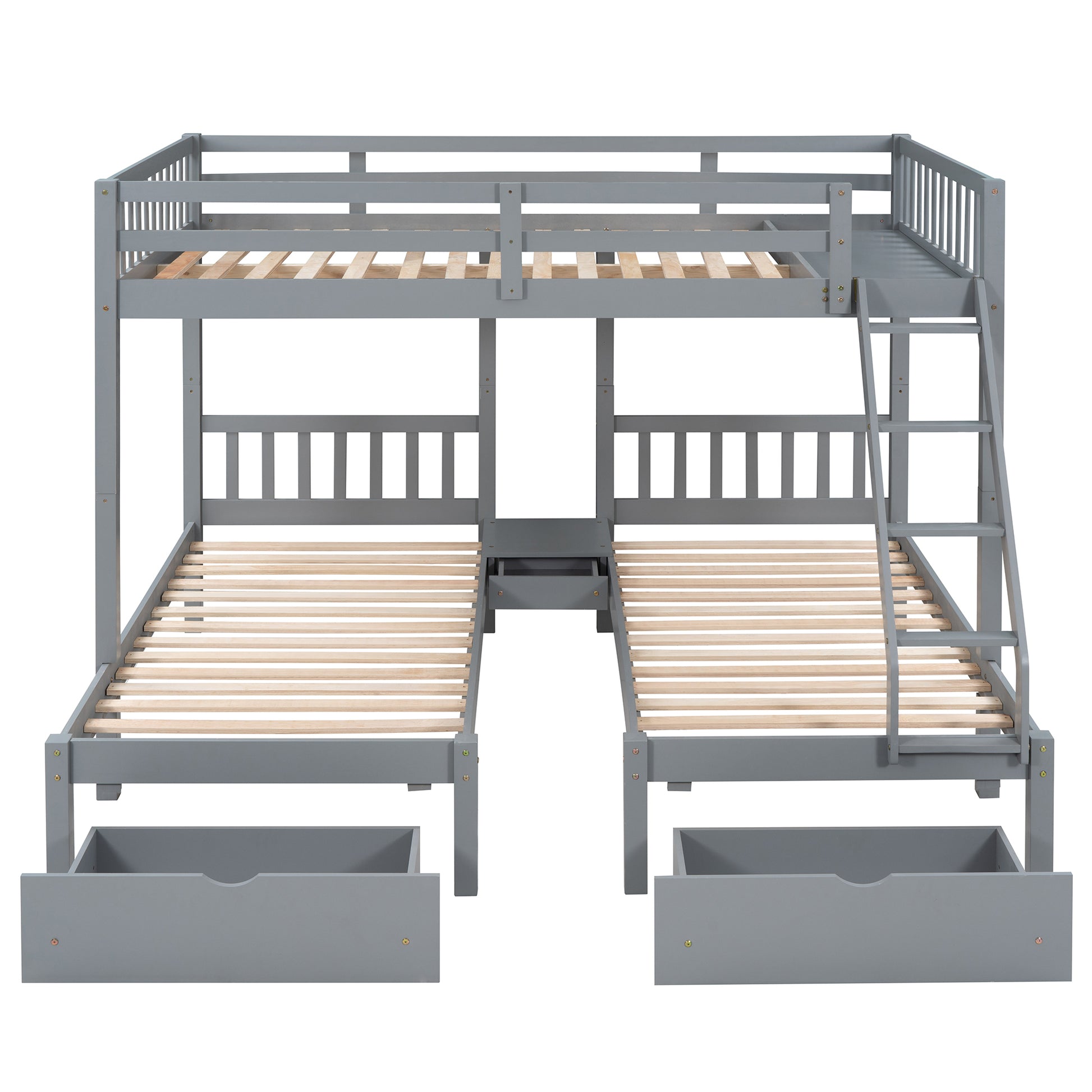 Full Over Twin & Twin Bunk Bed, Wood Triple Bunk Bed With Drawers And Guardrails, Gray Old Sku: Lp000143Aae Gray Solid Wood