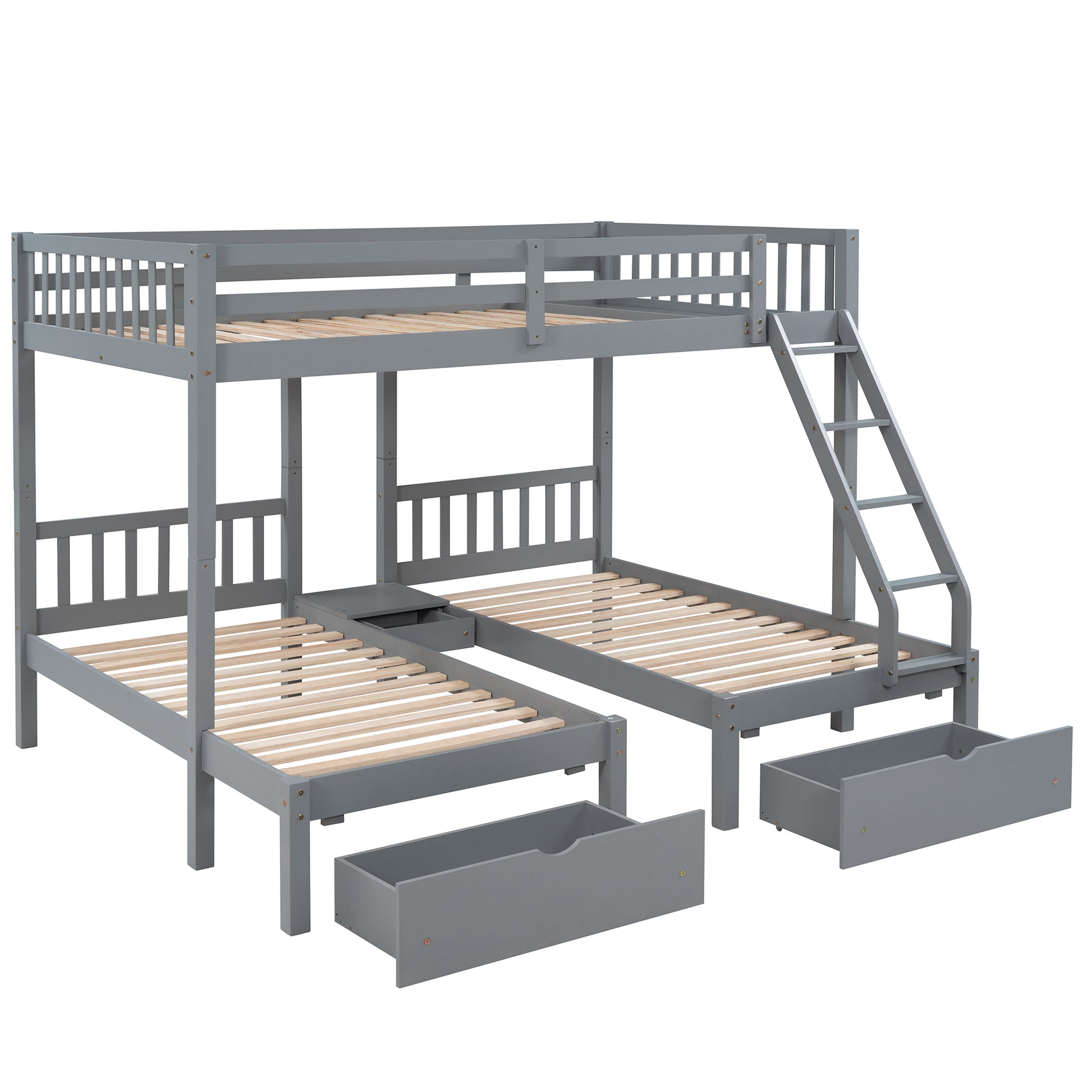 Full Over Twin & Twin Bunk Bed, Wood Triple Bunk Bed With Drawers And Guardrails, Gray Old Sku: Lp000143Aae Gray Solid Wood