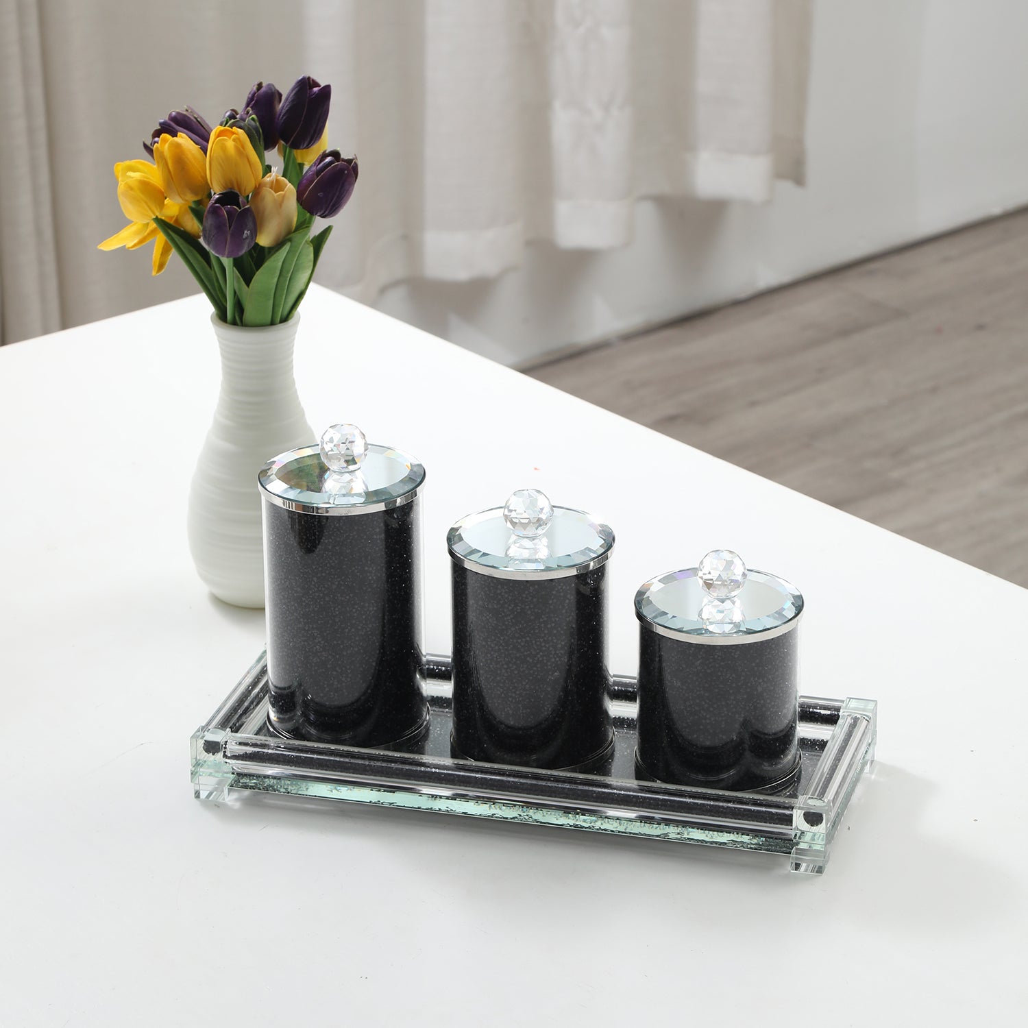 Ambrose Exquisite Three Glass Canister With Tray In Gift Box Black Glass