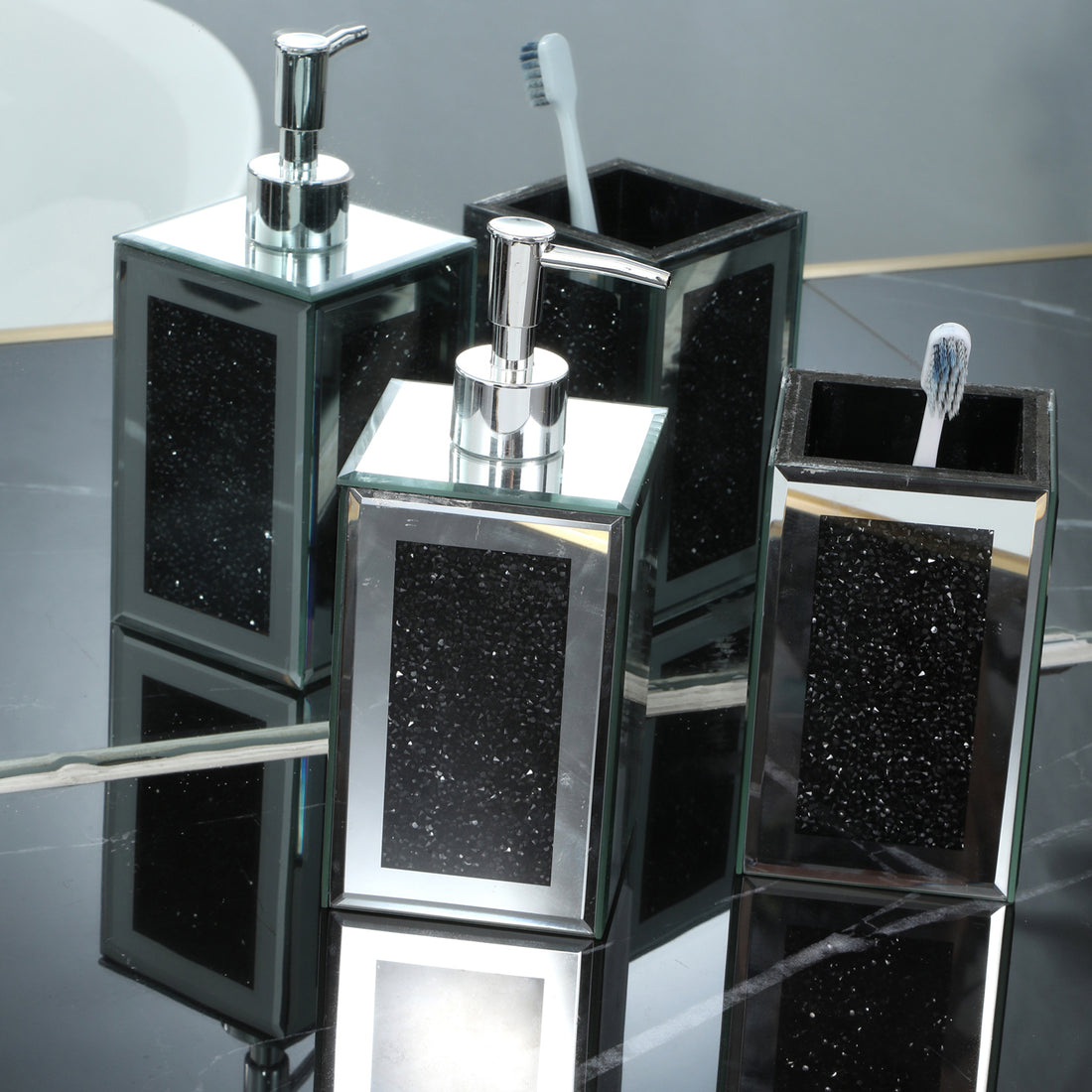 Ambrose Exquisite 2 Piece Square Soap Dispenser And Toothbrush Holder Black Glass