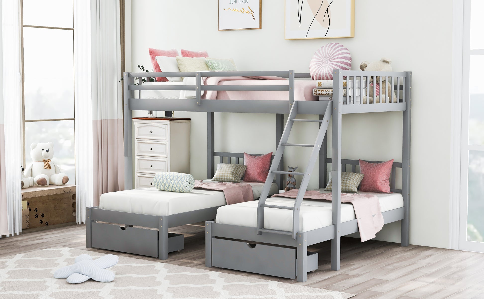 Full Over Twin & Twin Bunk Bed, Wood Triple Bunk Bed With Drawers And Guardrails, Gray Old Sku: Lp000143Aae Gray Solid Wood