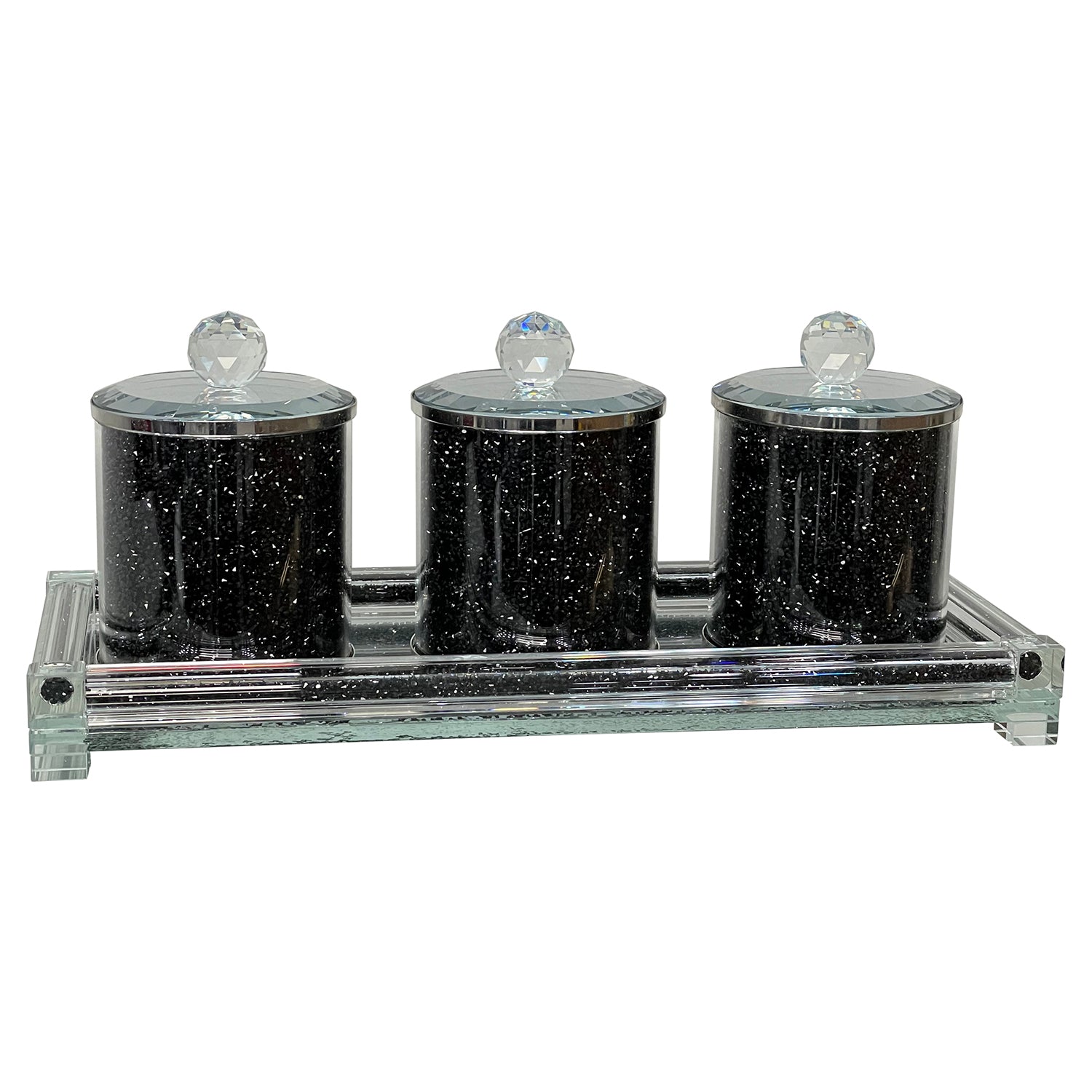 Ambrose Exquisite Tea, Sugar, Coffee Canisters With Tray In Crushed Diamond Glass In Gift Box Black Glass