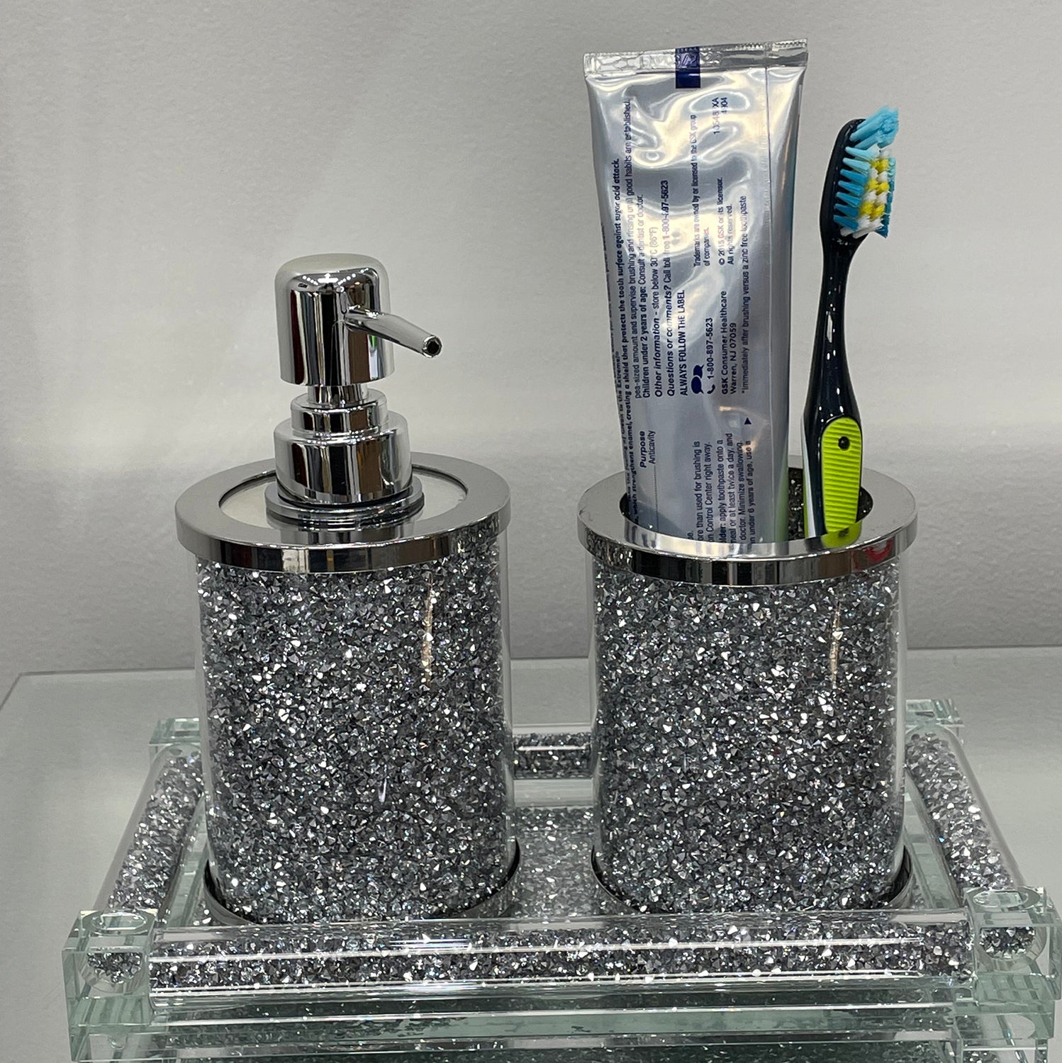 Ambrose Exquisite 3 Piece Soap Dispenser And Toothbrush Holder With Tray Silver Glass