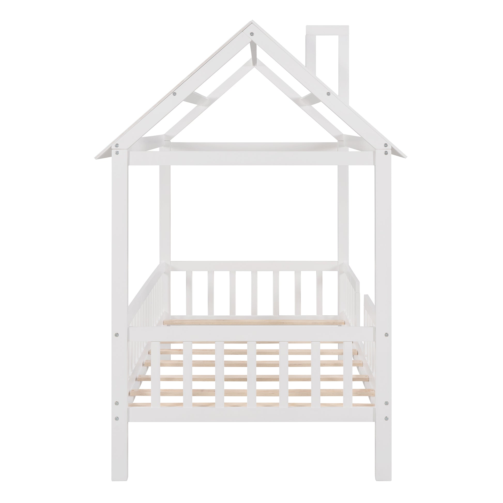 Twin Size Wood House Bed With Fence, White White Solid Wood