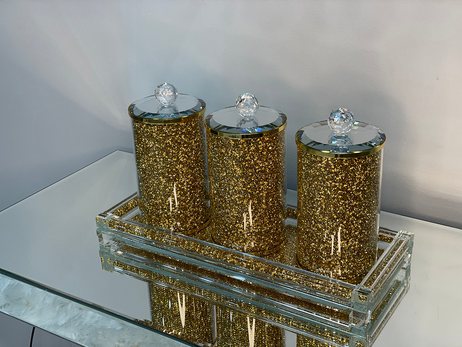 Ambrose Exquisite Three Glass Canister With Tray In Gift Box Gold Glass