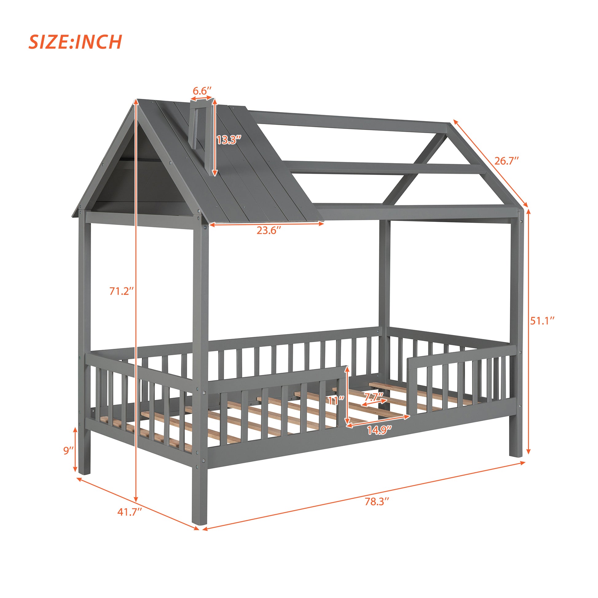 Twin Size Wood House Bed With Fence, Gray Gray Solid Wood