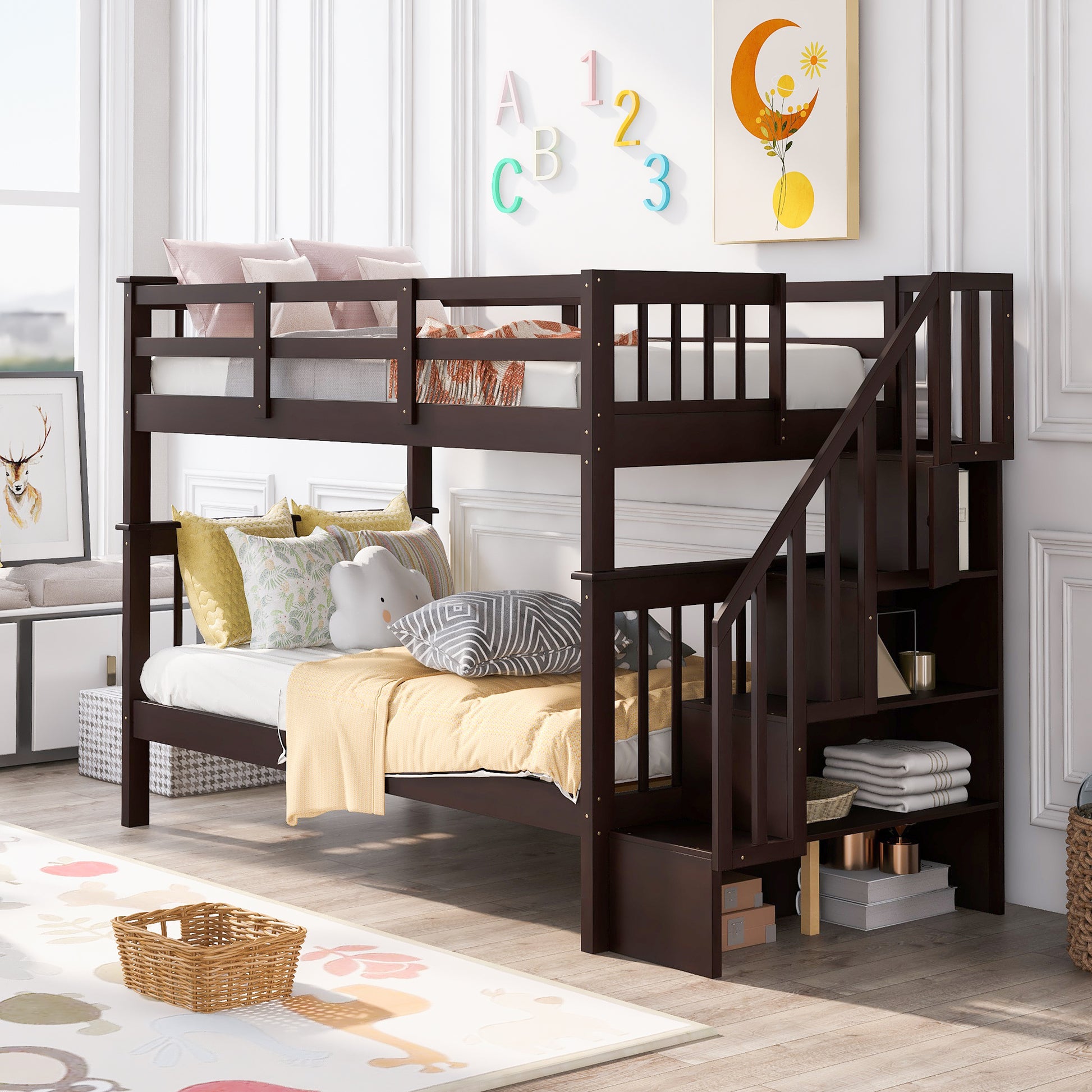 Stairway Twin Over Twin Bunk Bed With Storage And Guard Rail For Bedroom, Dorm, Espresso Color Old Sku :Lp000109Aap Espresso Solid Wood