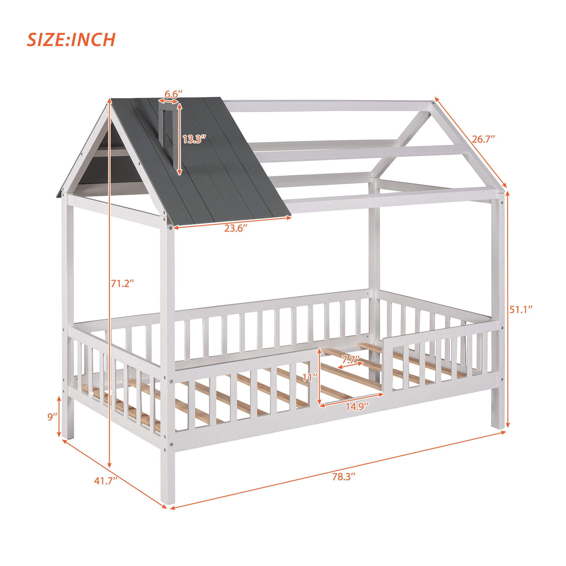 Twin Size Wood House Bed With Fence, White Gray White Solid Wood