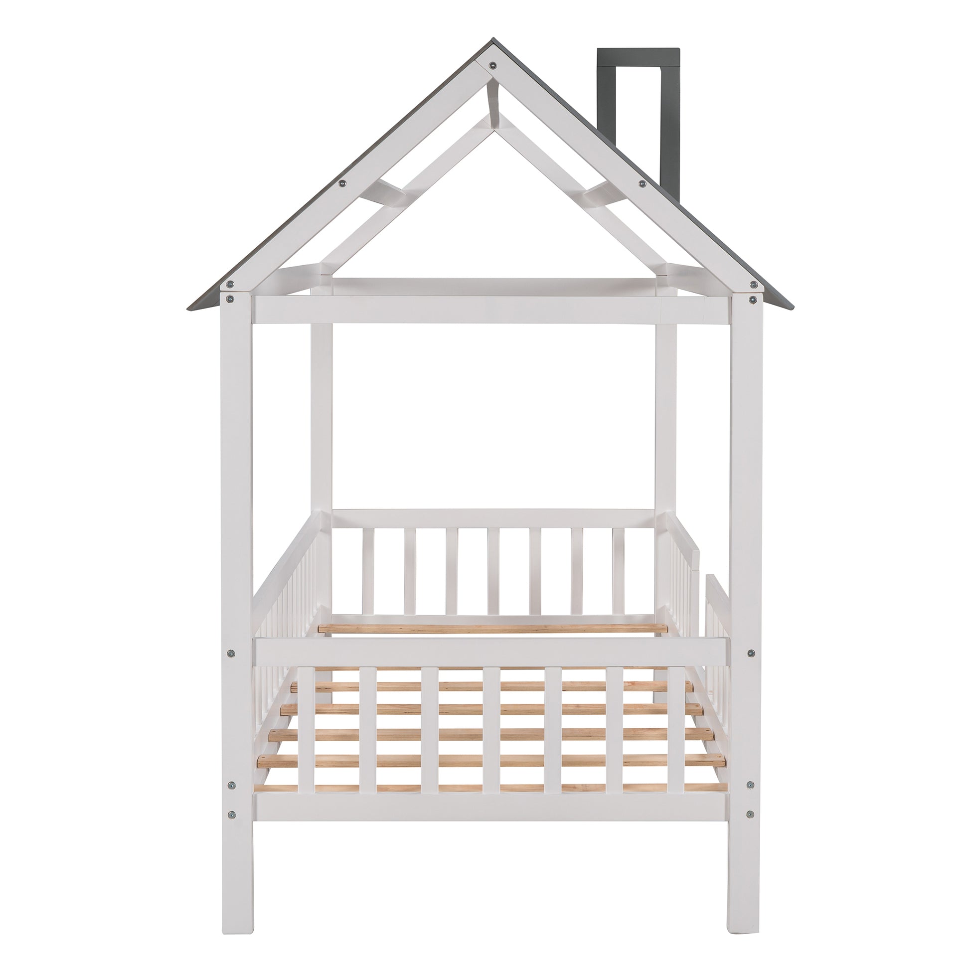 Twin Size Wood House Bed With Fence, White Gray White Solid Wood