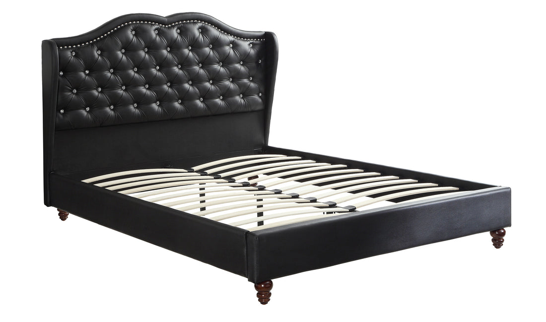 Queen Size Bed 1Pc Bed Set Black Faux Leather Upholstered Wingback Design Bed Frame Headboard Bedroom Furniture Tufted Upholstered Box Spring Not Required Queen Black Bedroom Contemporary,Modern Bed Frame Faux Leather Plywood