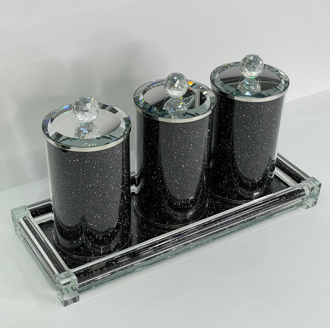 Ambrose Exquisite Three Glass Canister With Tray In Gift Box Black Glass