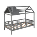 Twin Size Wood House Bed With Fence, Gray Gray Solid Wood