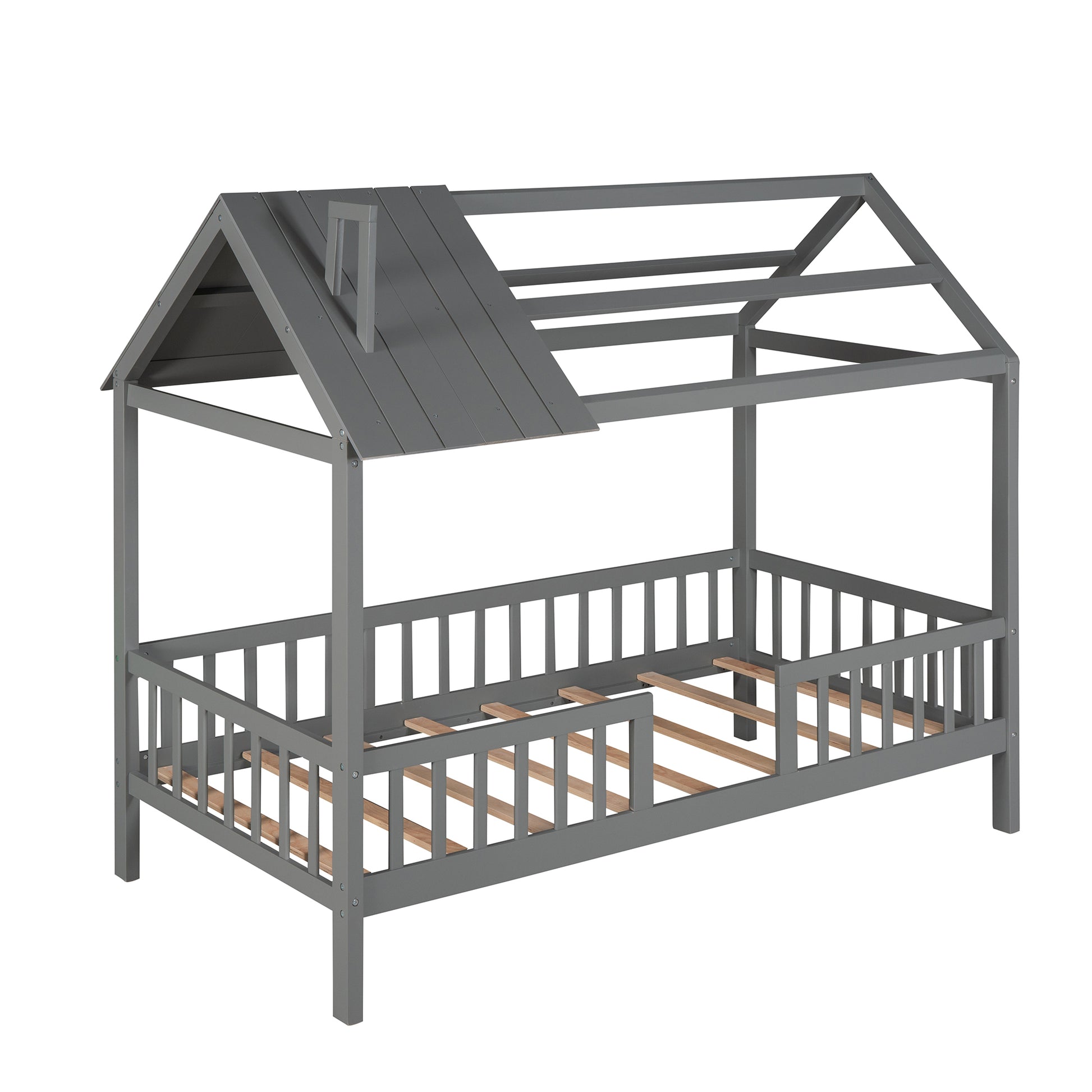 Twin Size Wood House Bed With Fence, Gray Gray Solid Wood