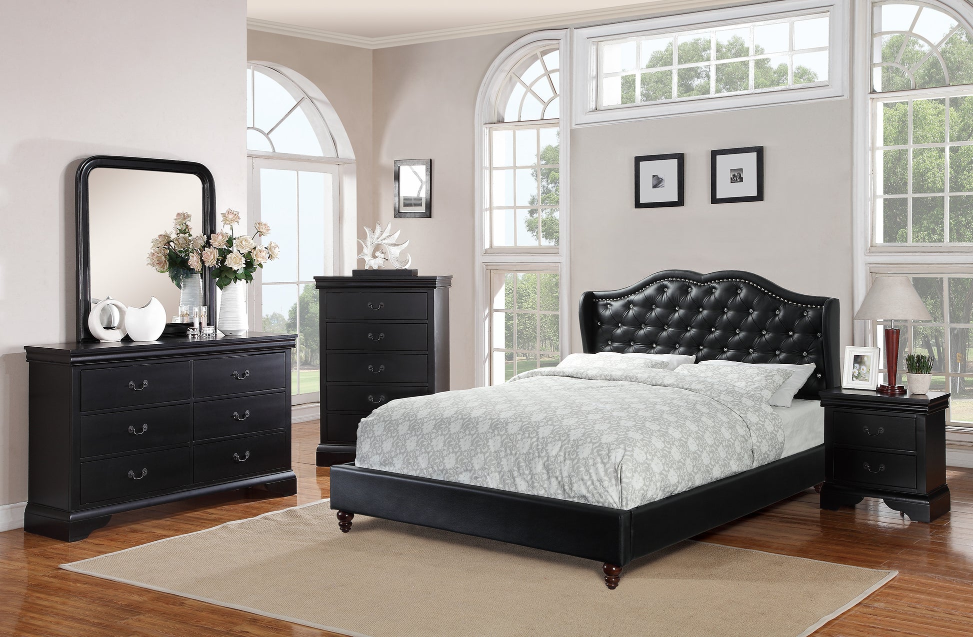 Queen Size Bed 1Pc Bed Set Black Faux Leather Upholstered Wingback Design Bed Frame Headboard Bedroom Furniture Tufted Upholstered Box Spring Not Required Queen Black Bedroom Contemporary,Modern Bed Frame Faux Leather Plywood