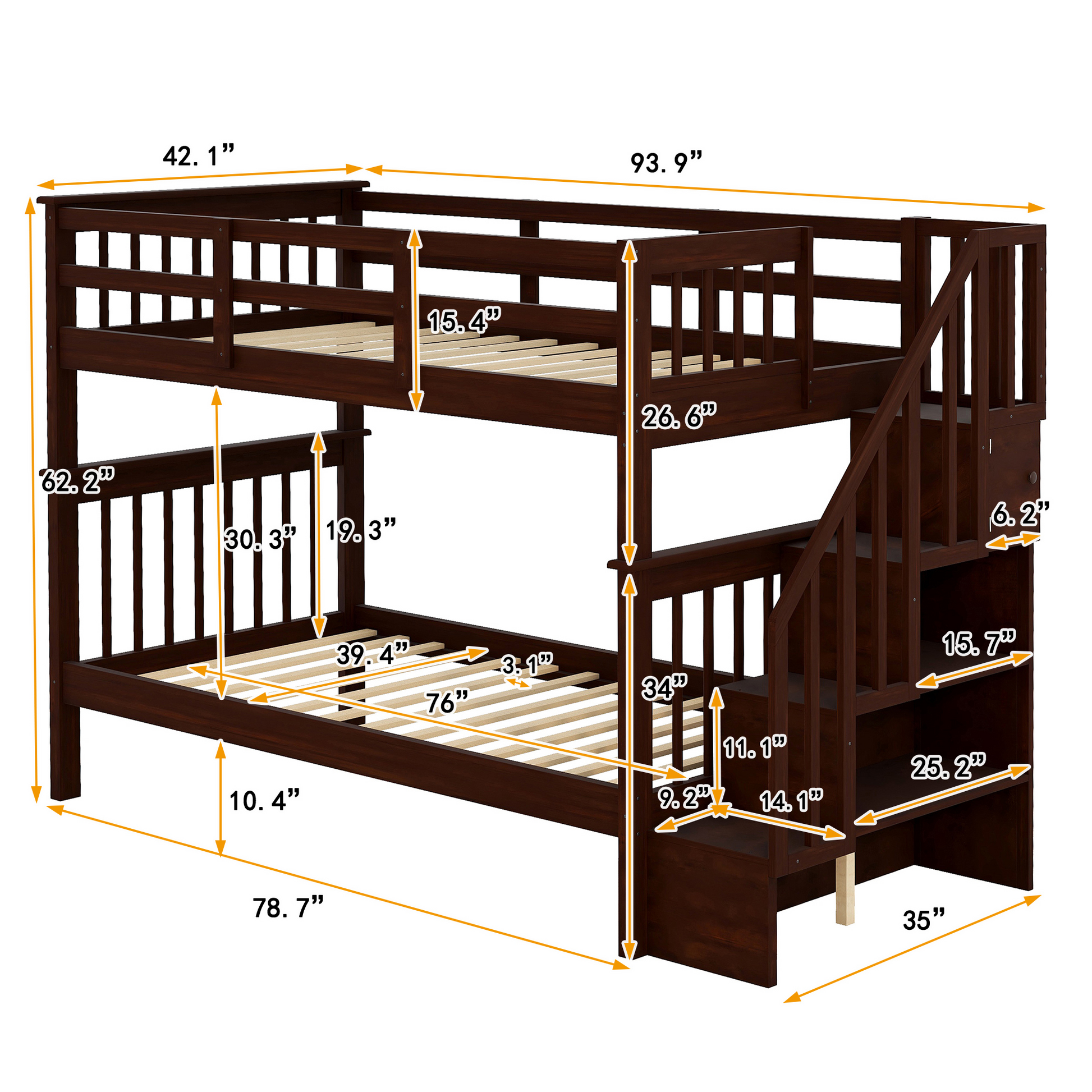 Stairway Twin Over Twin Bunk Bed With Storage And Guard Rail For Bedroom, Dorm, Espresso Color Old Sku :Lp000109Aap Espresso Solid Wood