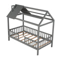 Twin Size Wood House Bed With Fence, Gray Gray Solid Wood