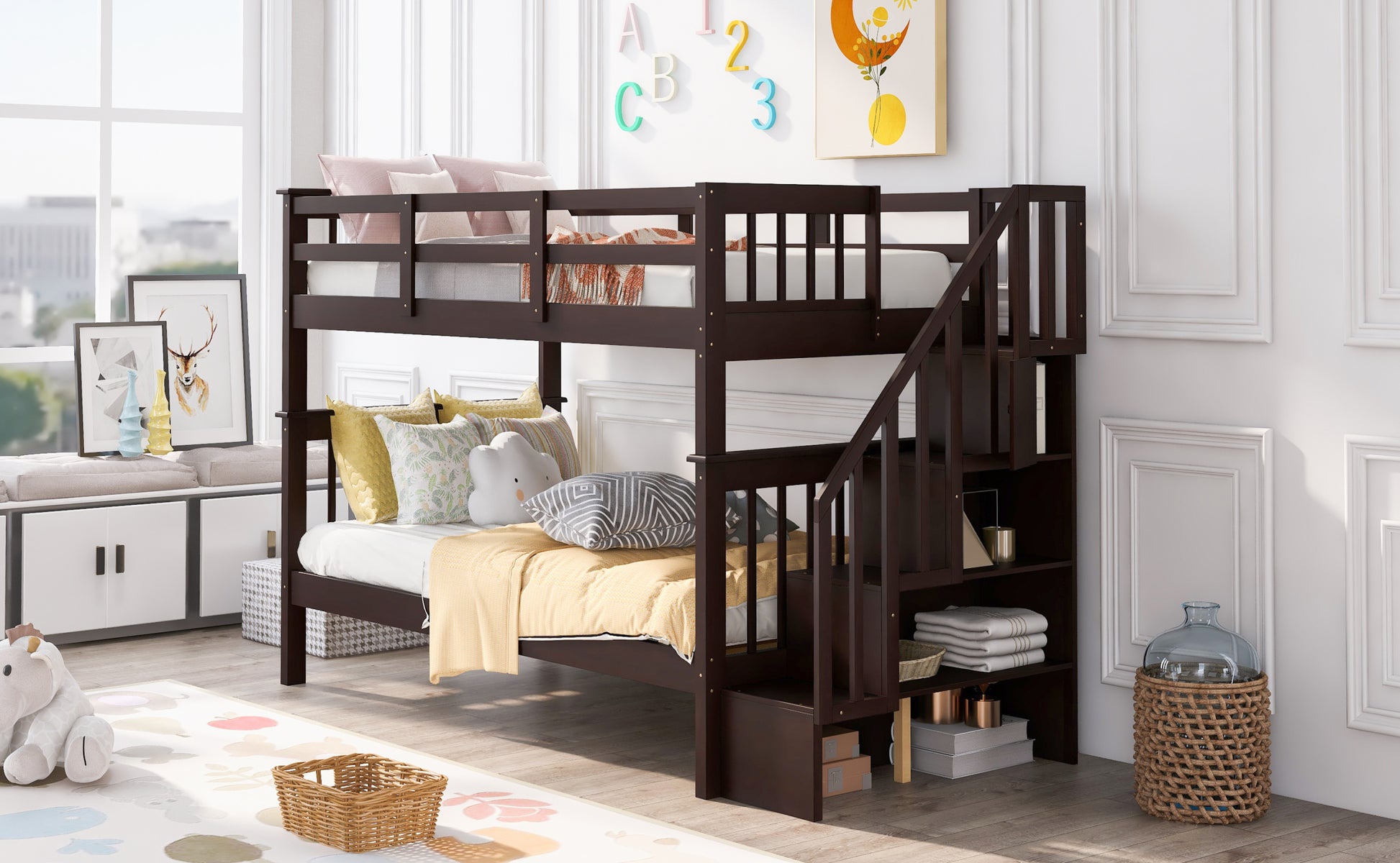 Stairway Twin Over Twin Bunk Bed With Storage And Guard Rail For Bedroom, Dorm, Espresso Color Old Sku :Lp000109Aap Espresso Solid Wood