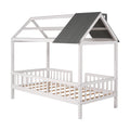 Twin Size Wood House Bed With Fence, White Gray White Solid Wood